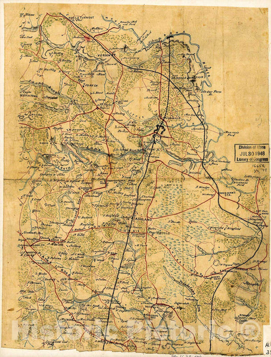 Historic 1860 Map - Map of The Northern Portion of Hanover County, Va, Showing fortifications on The South Anna River Near Taylorsville