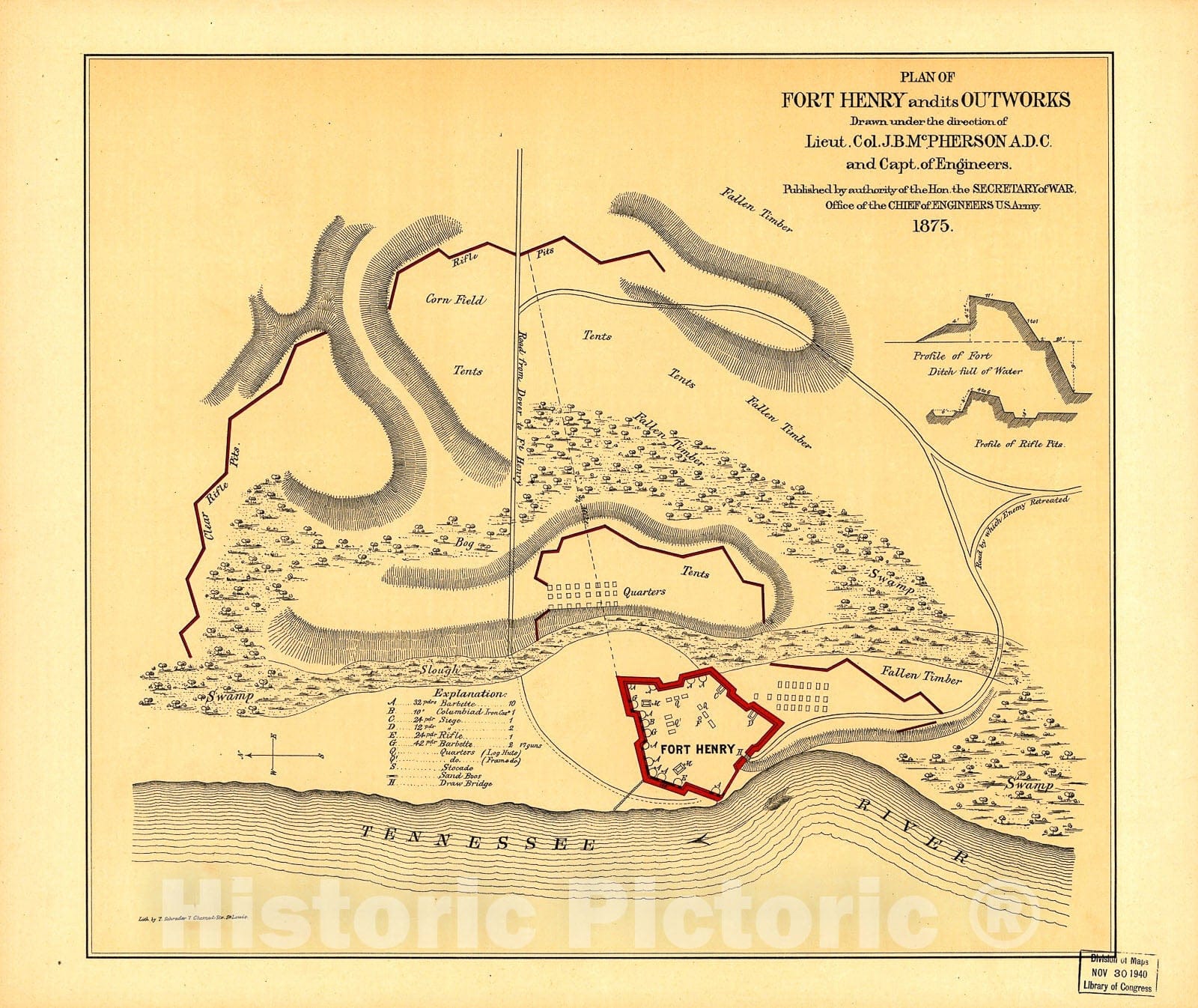 Historic 1875 Map - Plan of Fort Henry and its outworks. Feb. 1862