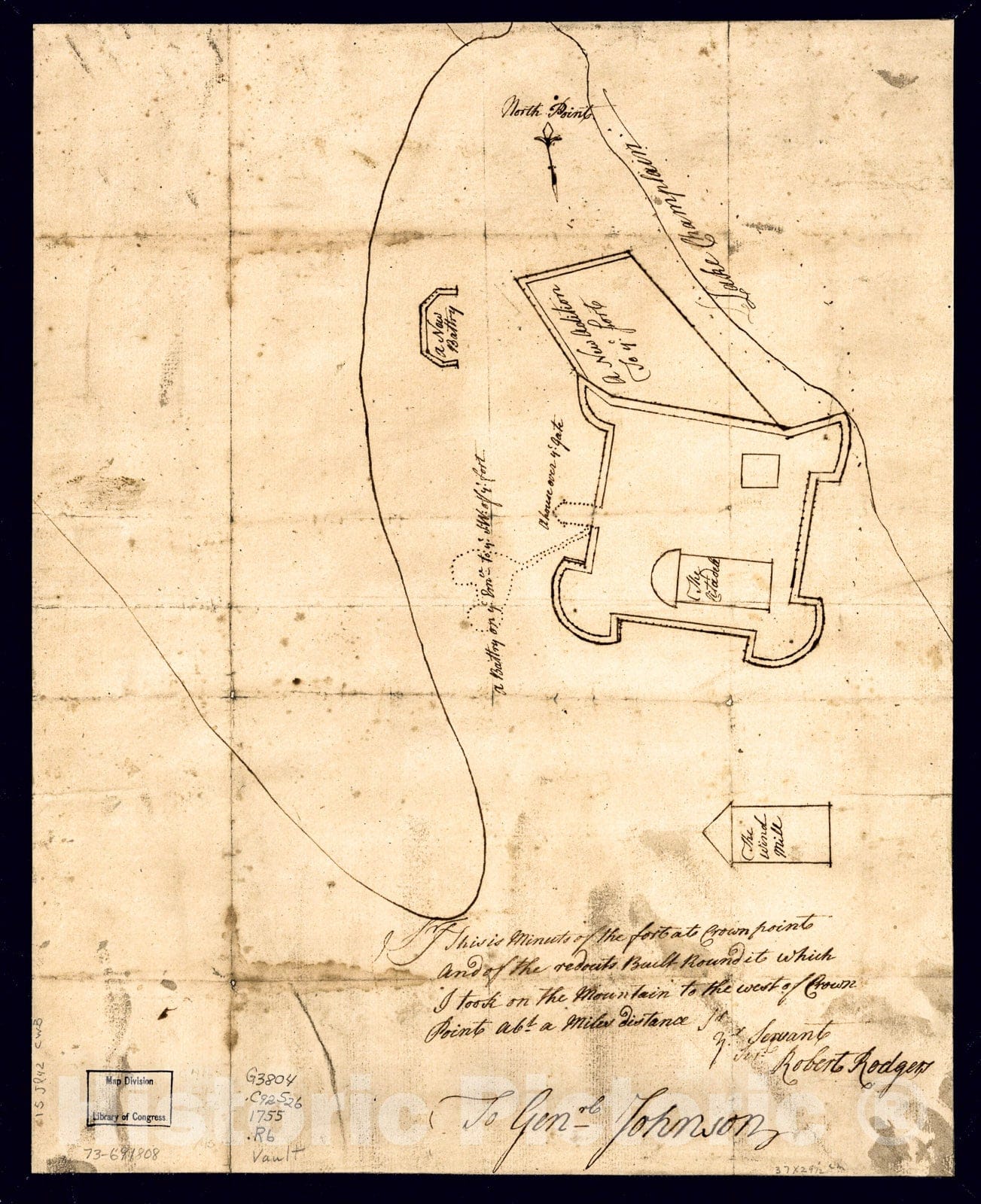 Historic 1755 Map - Sir: This is minuts of The Fort at Crown Point and of The redouts Built Round it; which I Took on The Mountain to The west of Crown Point ABT. a Miles Distance.