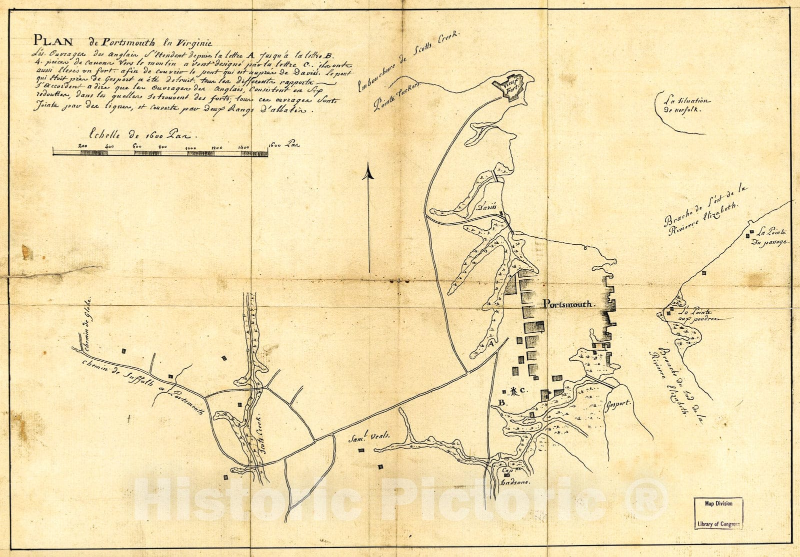 Historic 1781 Map - Plan de Portsmouth en Virginie.