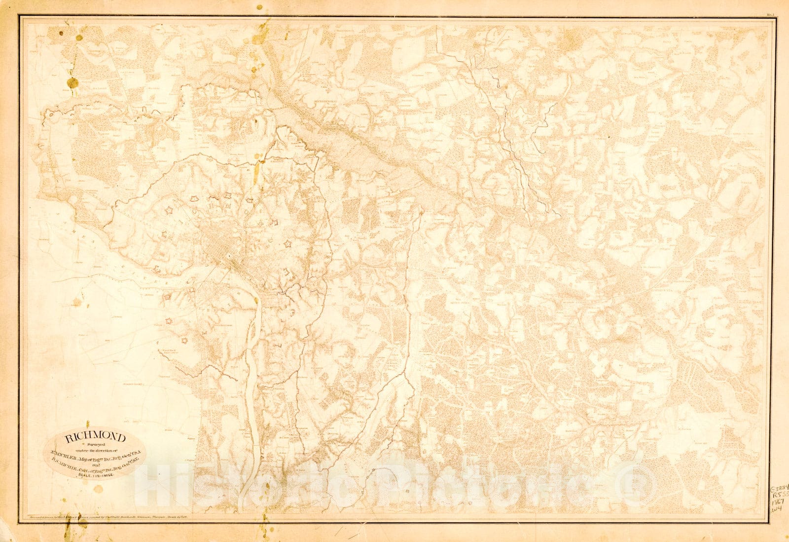 Historic 1865 Map - Richmond : surveyed Under The Direction of N. Michler, Maj. of Engrs. Bvt. Brig. Genl, U.S.A. and P.S. Michie, Capt. of Engrs. Bvt. Brig. Genl. U.S.V.