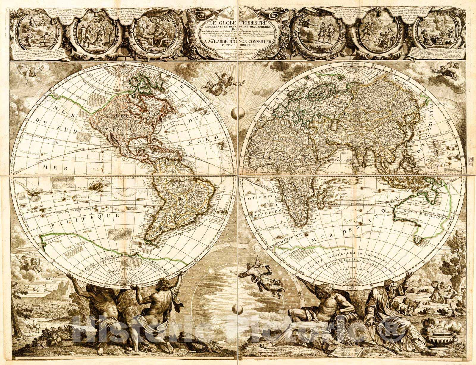 Historic 1708 Map - Le Globe terrestre reprÃ©sentÃ© en Deux Plans-hÃ©misphÃ¨res : dressÃ© sur la Projection de Mr. de la Hyre de l'AcadÃ©mie Royale des Sciences,