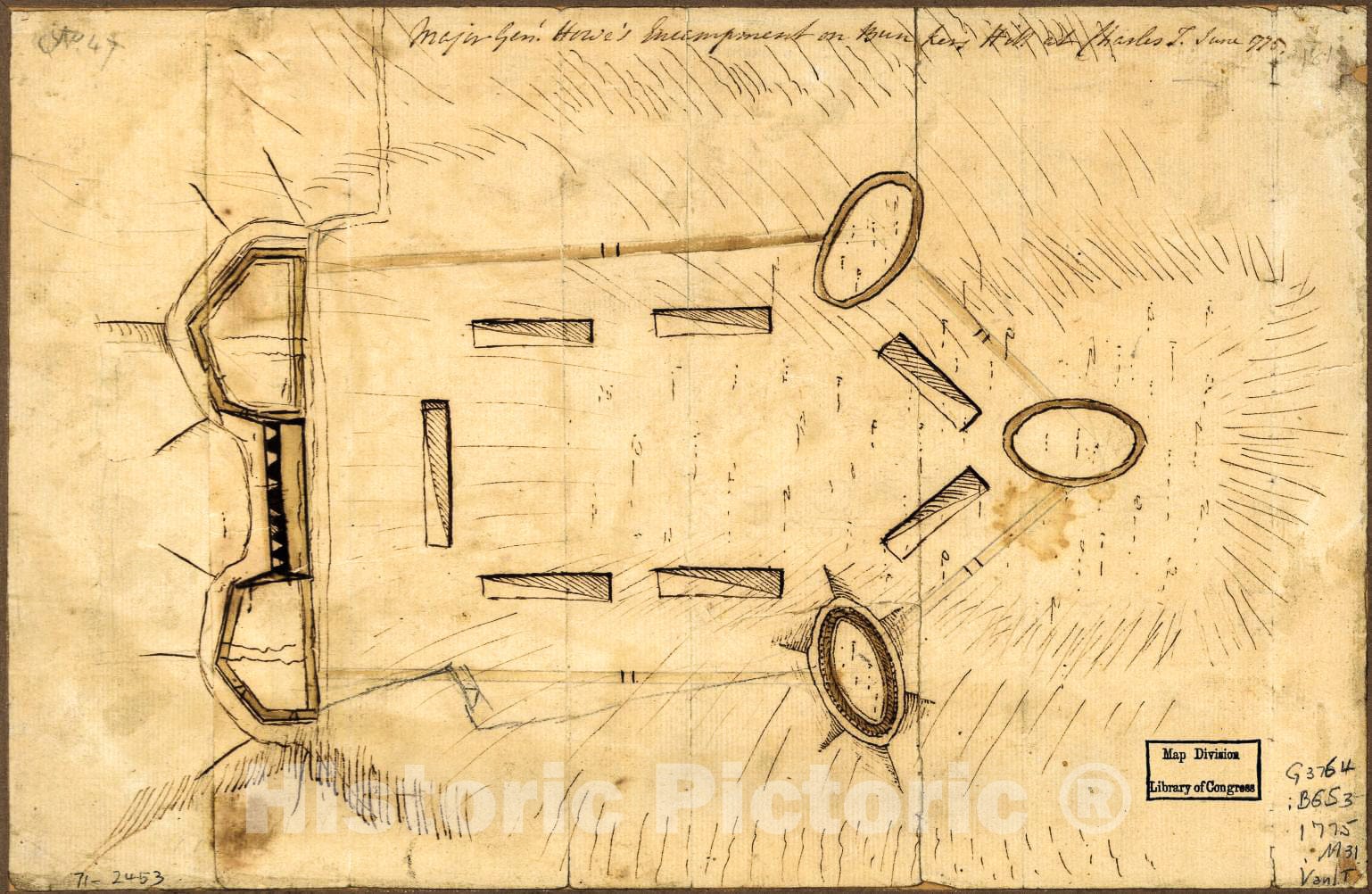 Historic 1775 Map - Major Genl. Howe's Encampment on Bunkers Hill at Charles T, June 1775.