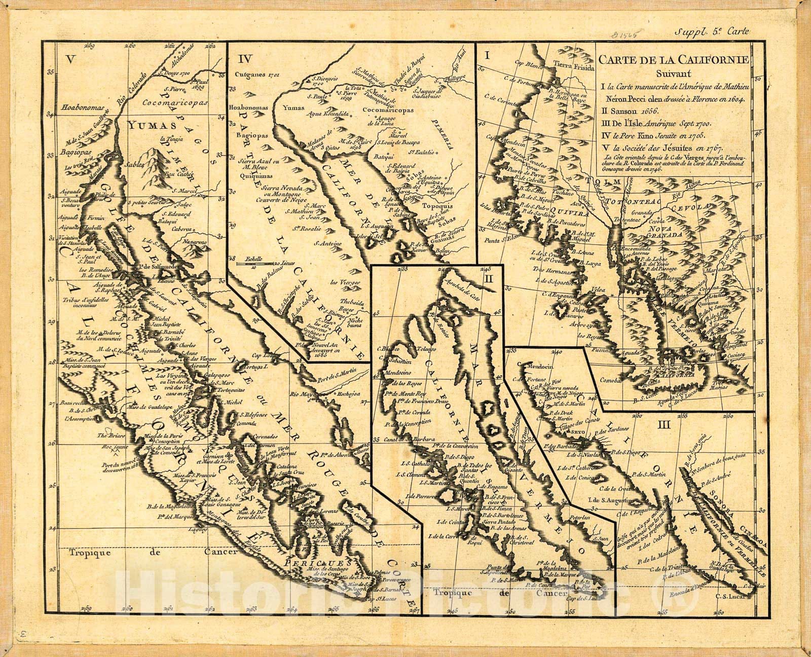 Historic 1770 Map - Carte de la Californie : suivant I. la Carte manuscrite de l'AmÃ©rique de Mathieu NÃ©ron Pecci Olen Dresses Ã  Florence en 1604, II. Sanson 1656, III.