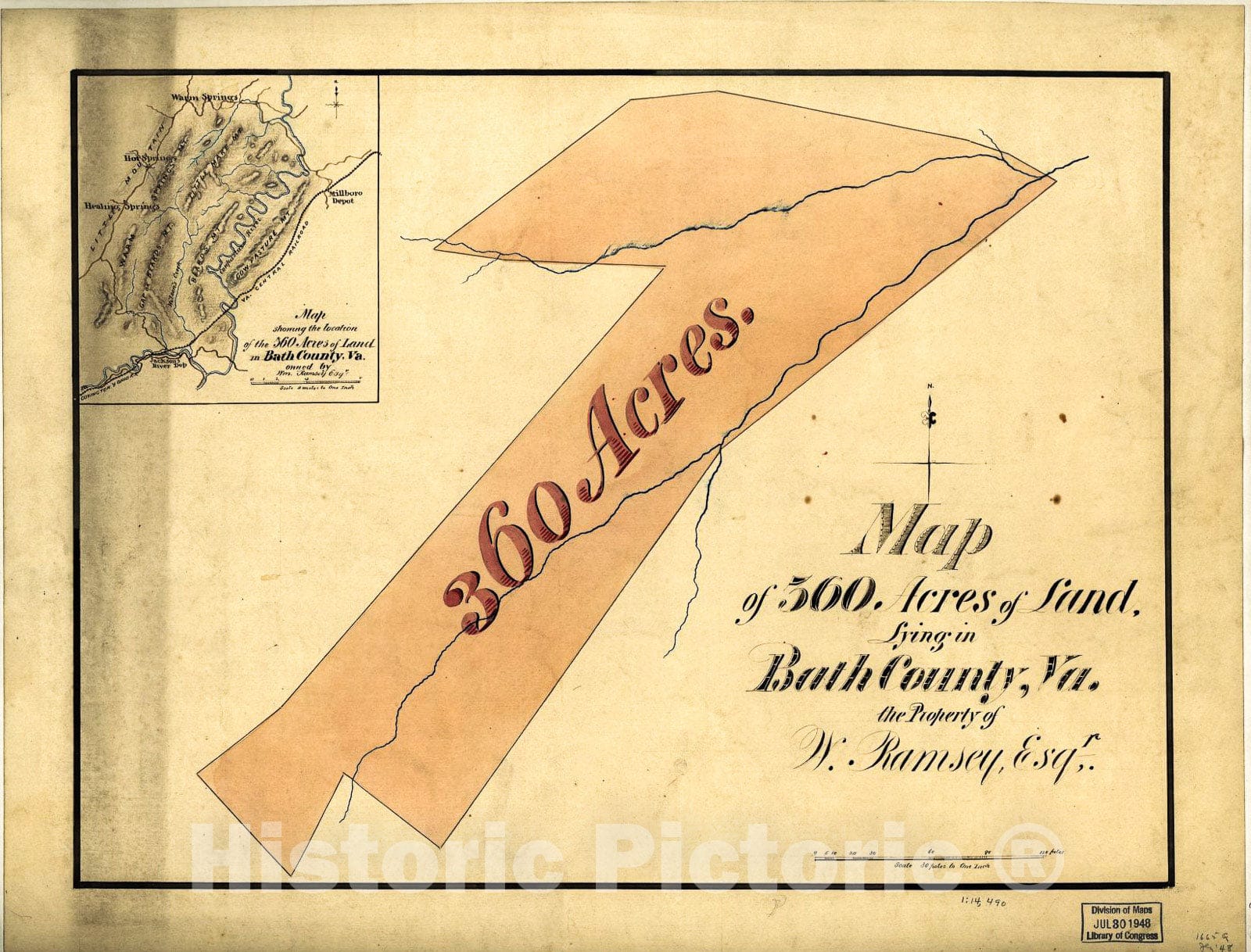 Historic 1870 Map - Map of 360 Acres of Land, Lying in Bath County, Va, The Property of W. Ramsey, Esq'r.