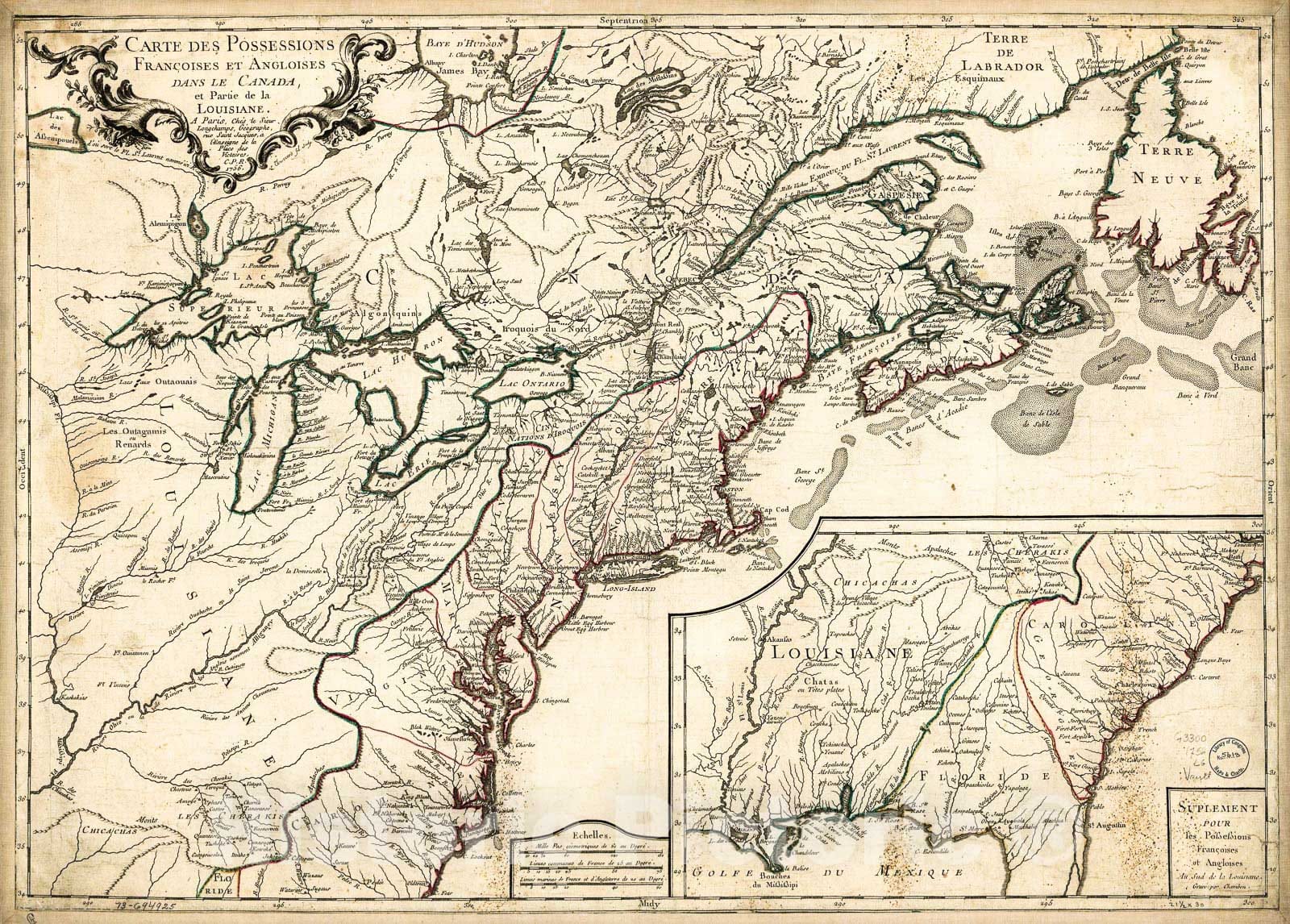 Historic 1769 Map - Carte des Possessions franÃ§oises et angloises Dans le Canada, et Partie de la Louisiane, 1756.