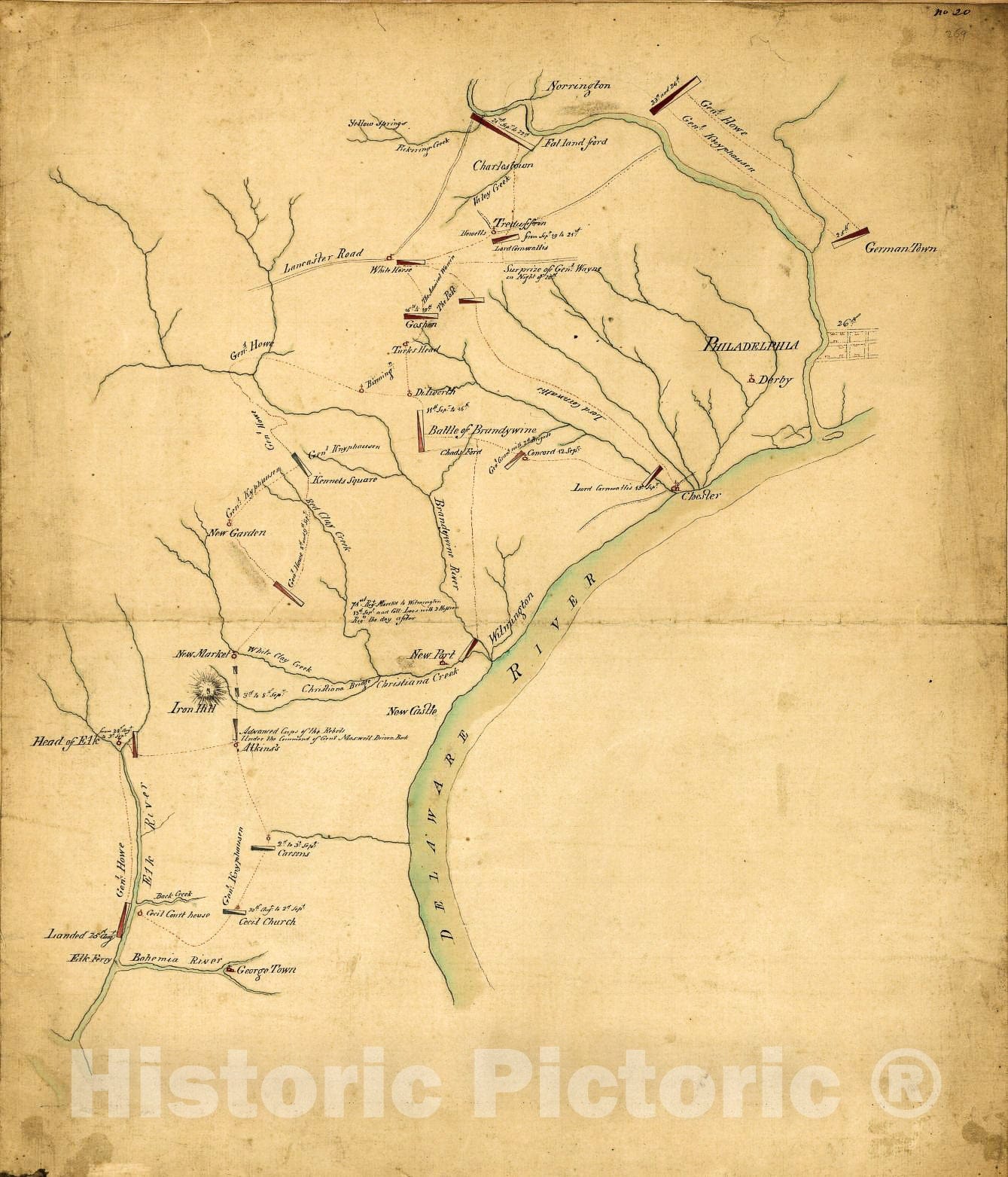 Historic 1777 Map - Operations of The British Army, from The 25th August to 26th Sept. 1777