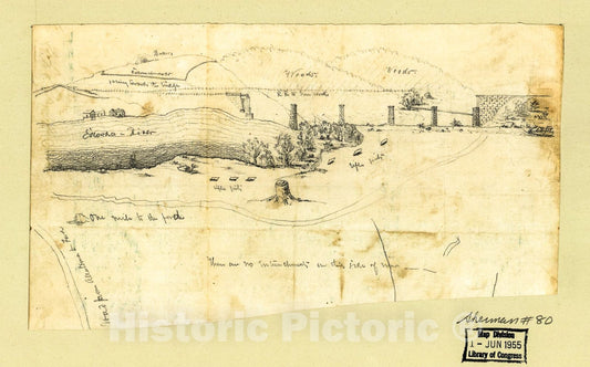 Historic 1864 Map - View of fortifications Near The Ruins of The Western and Atlantic Railroad Bridge Across The Etowah River in Georgia