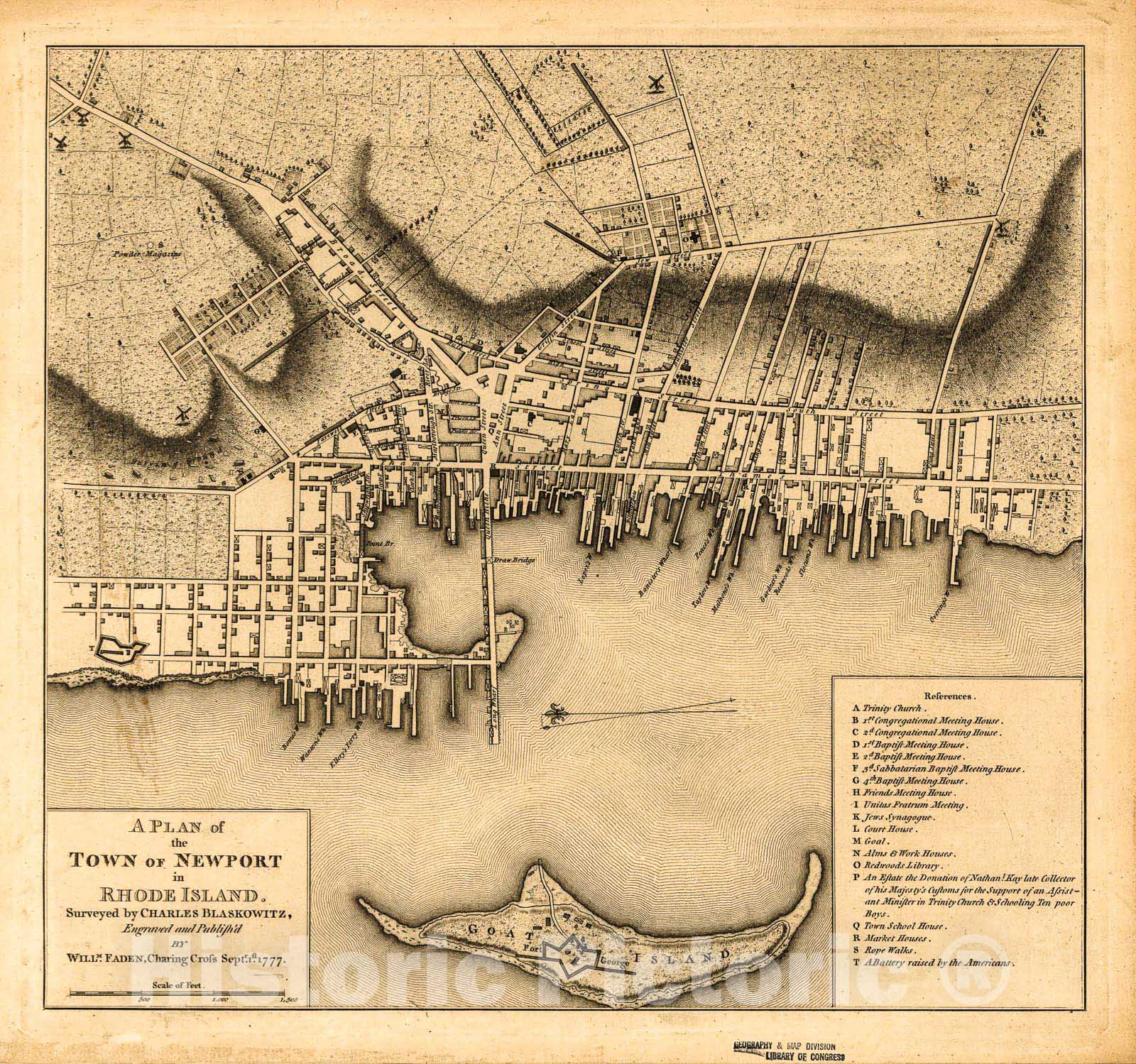 Historic 1777 Map - A Plan of The Town of Newport in Rhode Island. 1