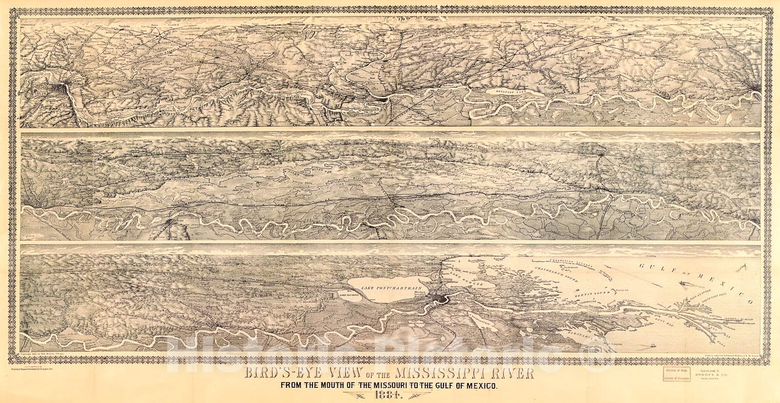 Historic 1884 Map - Bird's-Eye View of The Mississippi River : from The Mouth of The Missouri to The Gulf of Mexico, 1884