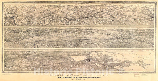 Historic 1884 Map - Bird's-Eye View of The Mississippi River : from The Mouth of The Missouri to The Gulf of Mexico, 1884