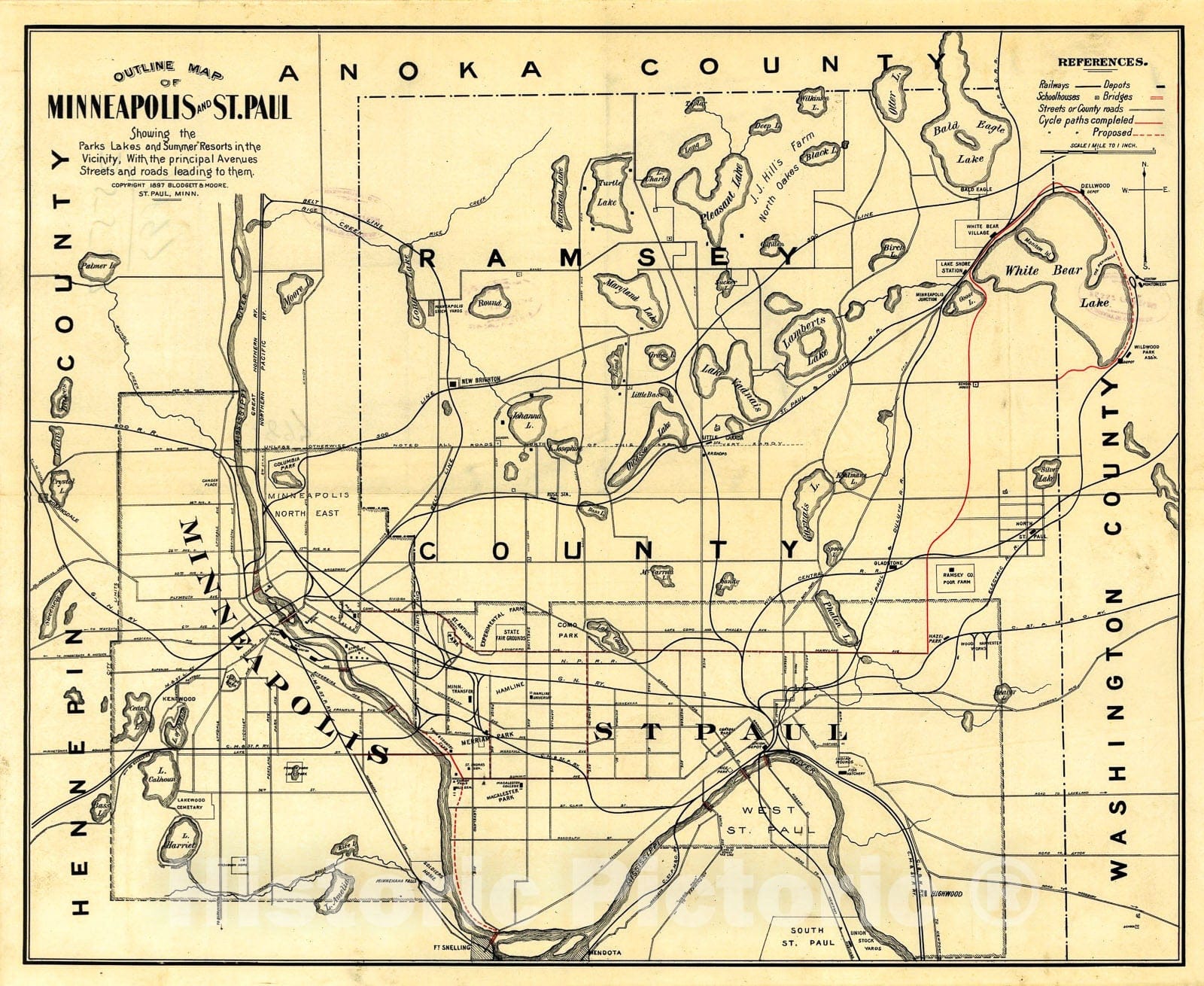 Historic 1897 Map - Outline map of Minneapolis and St. Paul.