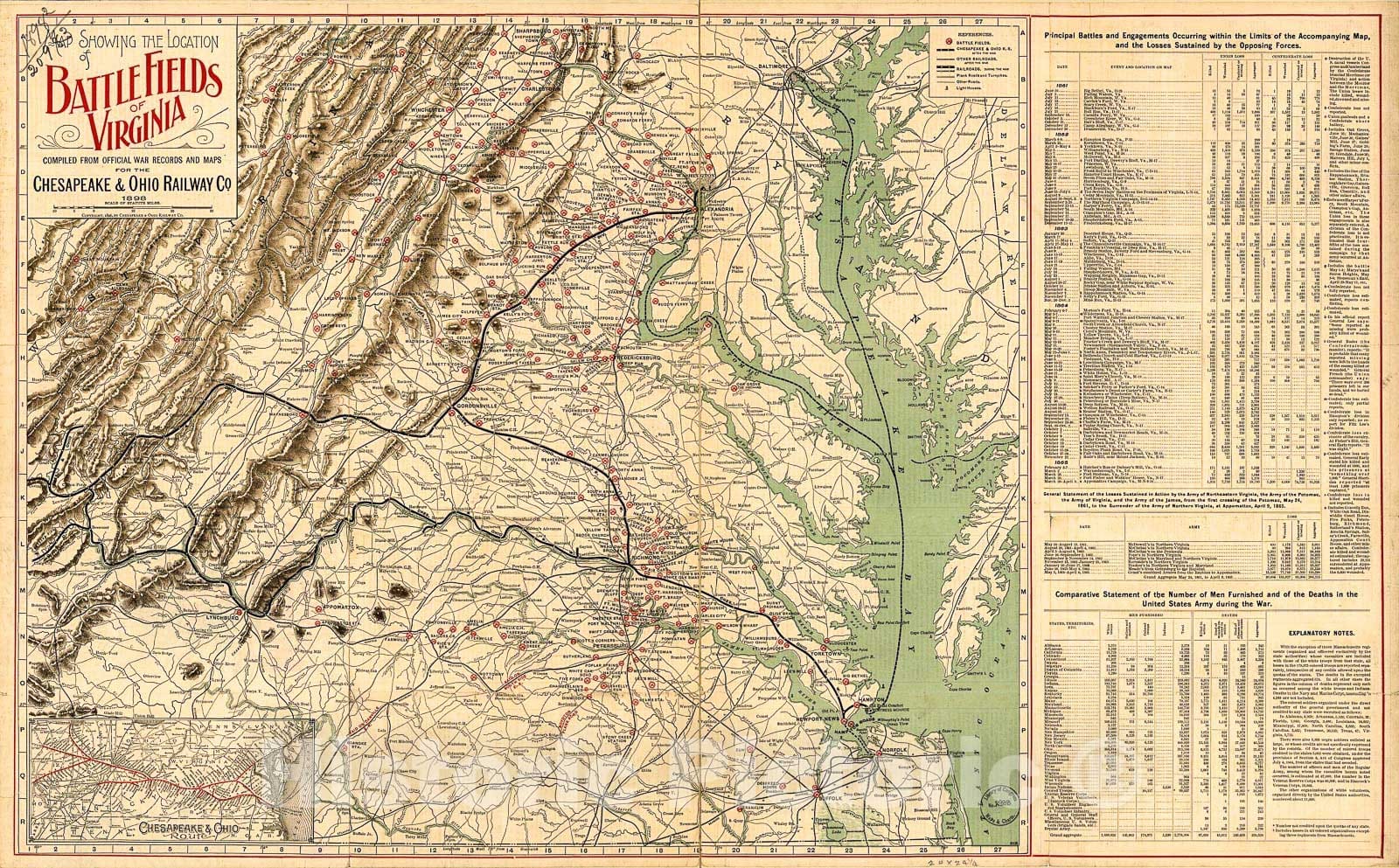 Historic 1898 Map - Map Showing The Location of Battle Fields of Virginia 1