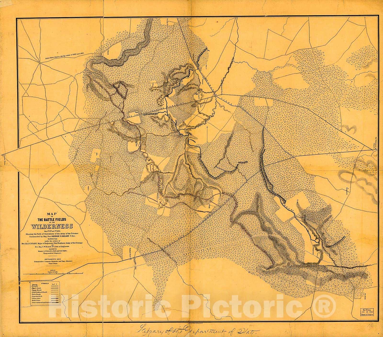 Historic 1865 Map - Map of The Battle Fields of The Wilderness, May 5th, 6th, and 7th, 1864 : Showing The Field of Operations of The Army of The Potomac