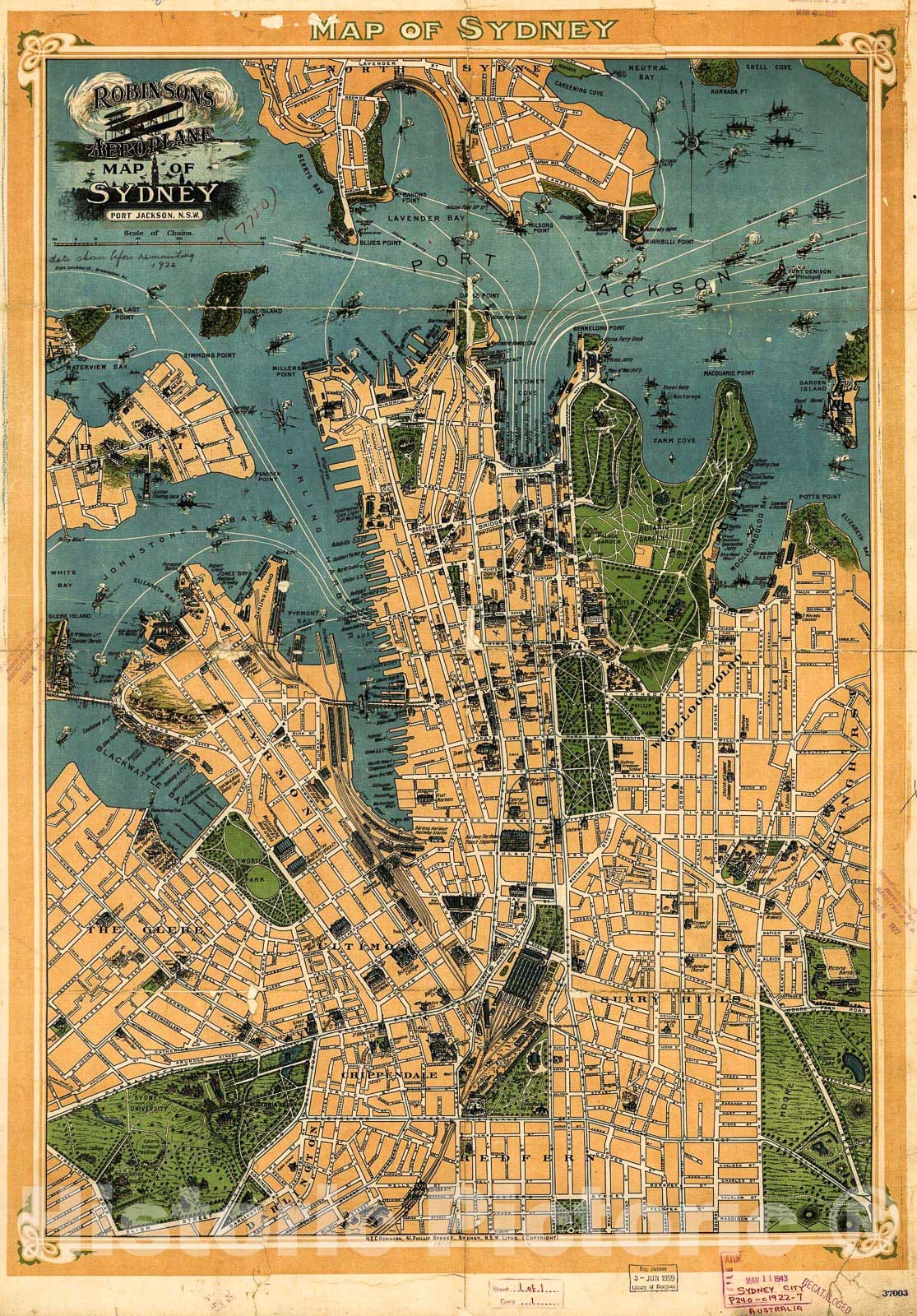 Historic 1922 Map - Robinson's Aeroplane map of Sydney.