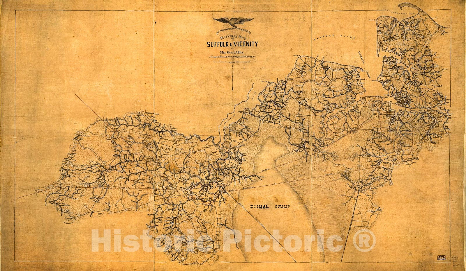 Historic 1863 Map - Military map of Suffolk & Vicinity for Majr. Genl. J. A. Dix