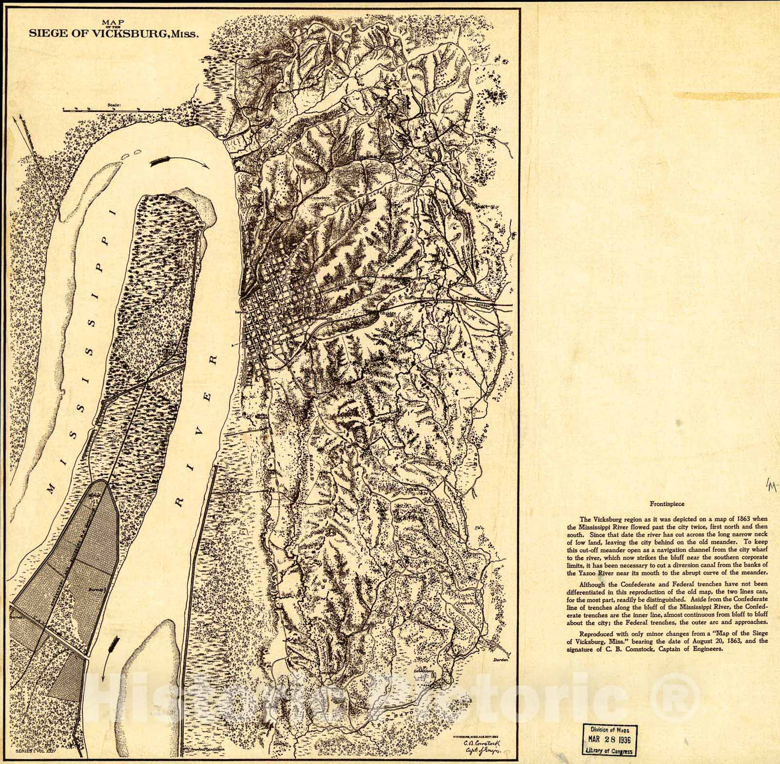 Historic 1935 Map - Map of The Siege of Vicksburg, Miss. Vicksburg, Miss, Aug. 20th 1863
