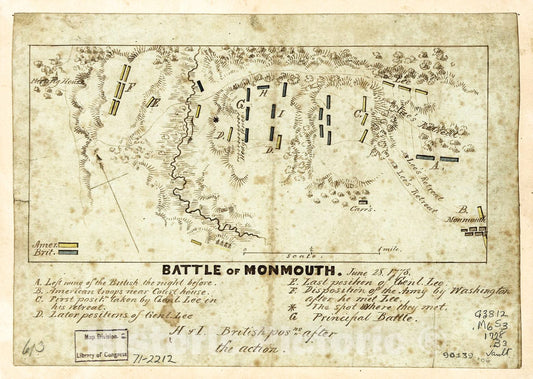Historic 1778 Map - Battle of Monmouth, June 28, 1778.