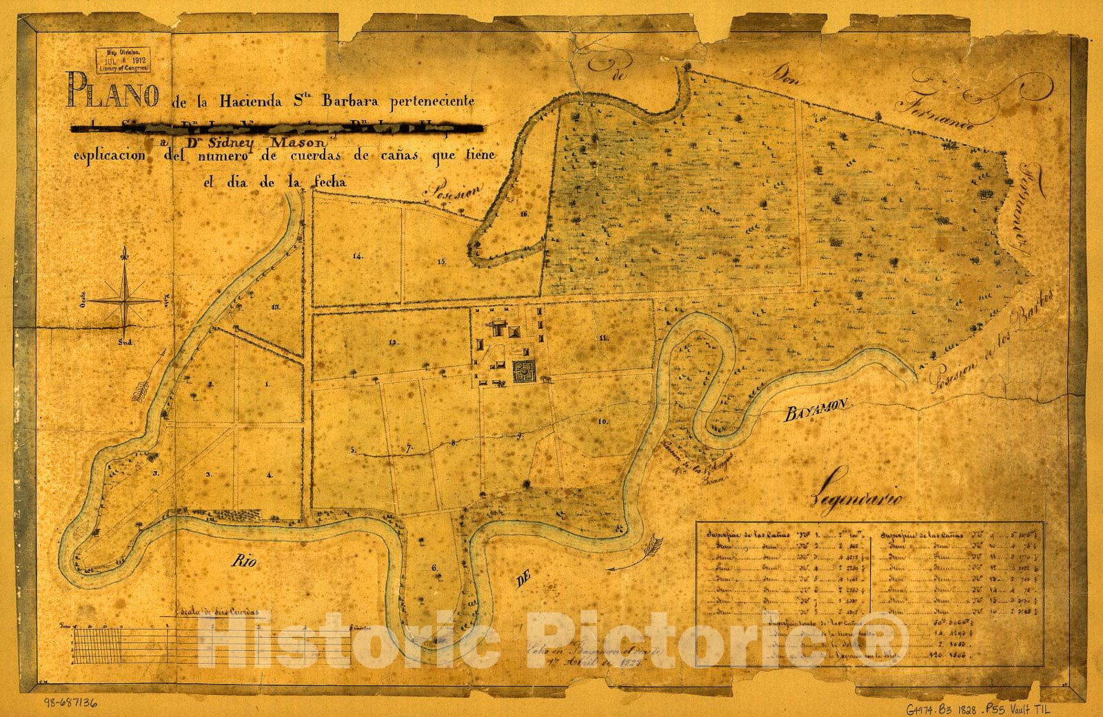 Historic Map - Plano de la Hacienda Sta. Barbara perteneciente a Sidney Mason esplicaciÃ³n sic del nÃºmero de cuerdas de caÃ±as que tiene al dÃ­a de la fecha.