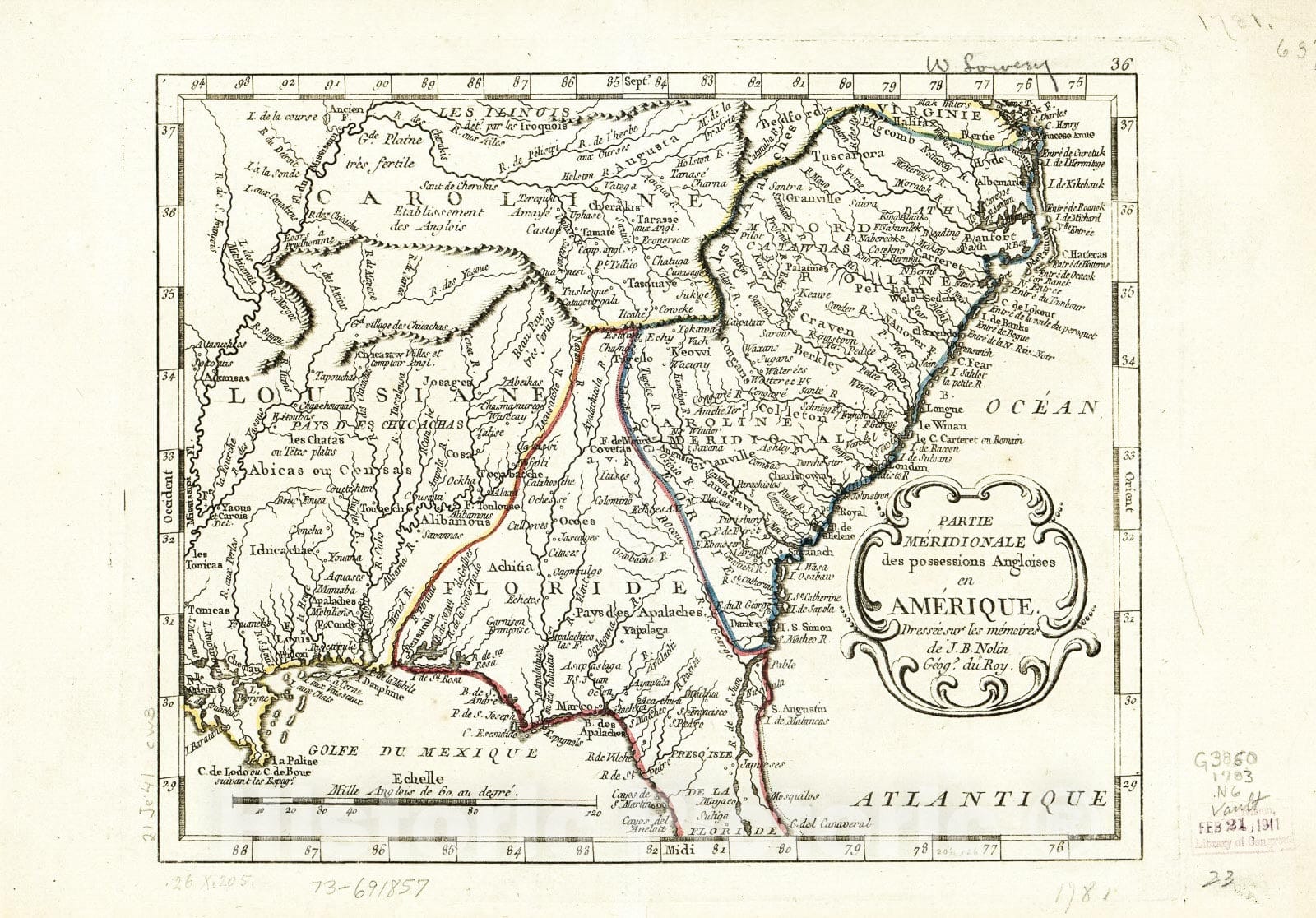 Historic 1783 Map - Partie mÃ©ridionale des Possessions angloises en AmÃ©rique.