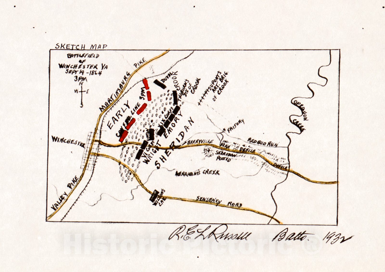 Historic 1932 Map - Battlefield of Winchester, Va. Sept. 19-1864, 3 PM