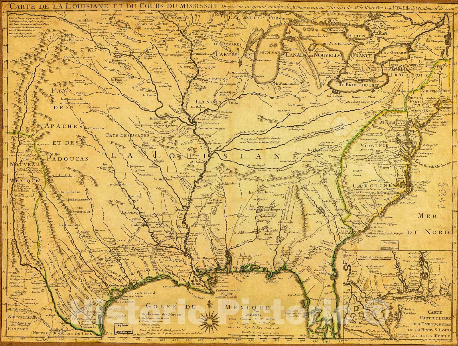 Historic 1718 Map - Carte de la Louisiane et du Cours du Mississippi