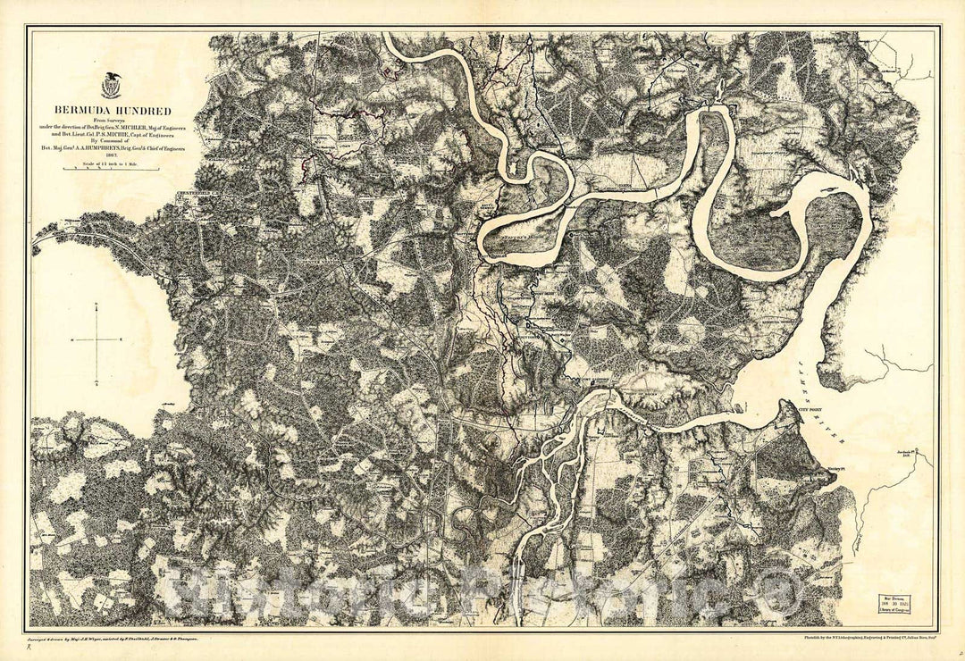 Historic 1867 Map - Bermuda Hundred. 1864-1865