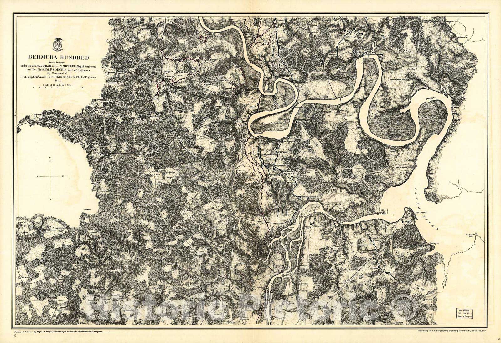 Historic 1867 Map - Bermuda Hundred. 1864-1865
