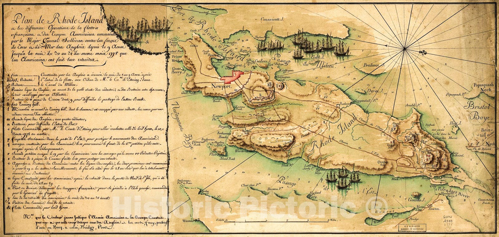 Historic 1778 Map - Plan de Rhode Island et les differentes Operations de la flotte-franÃ§oises et des troupes americaines commandÃ©es par le Major General Sullivan