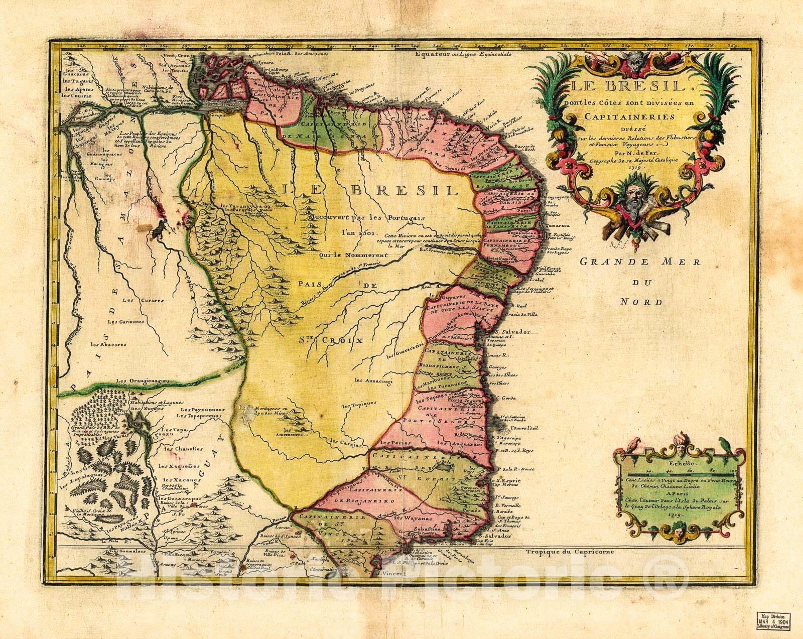 Historic 1719 Map - Le Bresil.