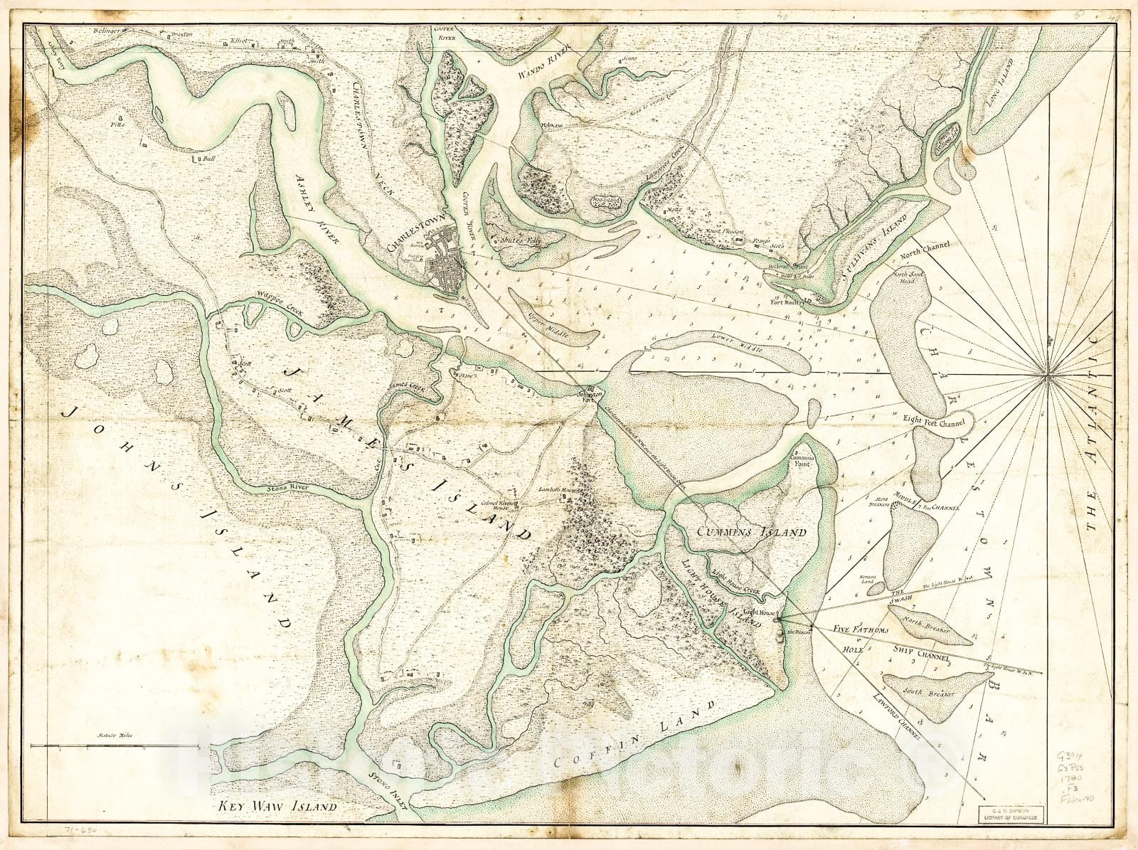 Historic 1780 Map - A Plan of The Town, bar, Harbour, and Environs of Charlestown in South Carolina