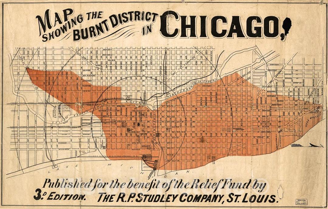 Historic 1870 Map - Map Showing The Burnt District in Chicago : published for The Benefit of The Relief Fund