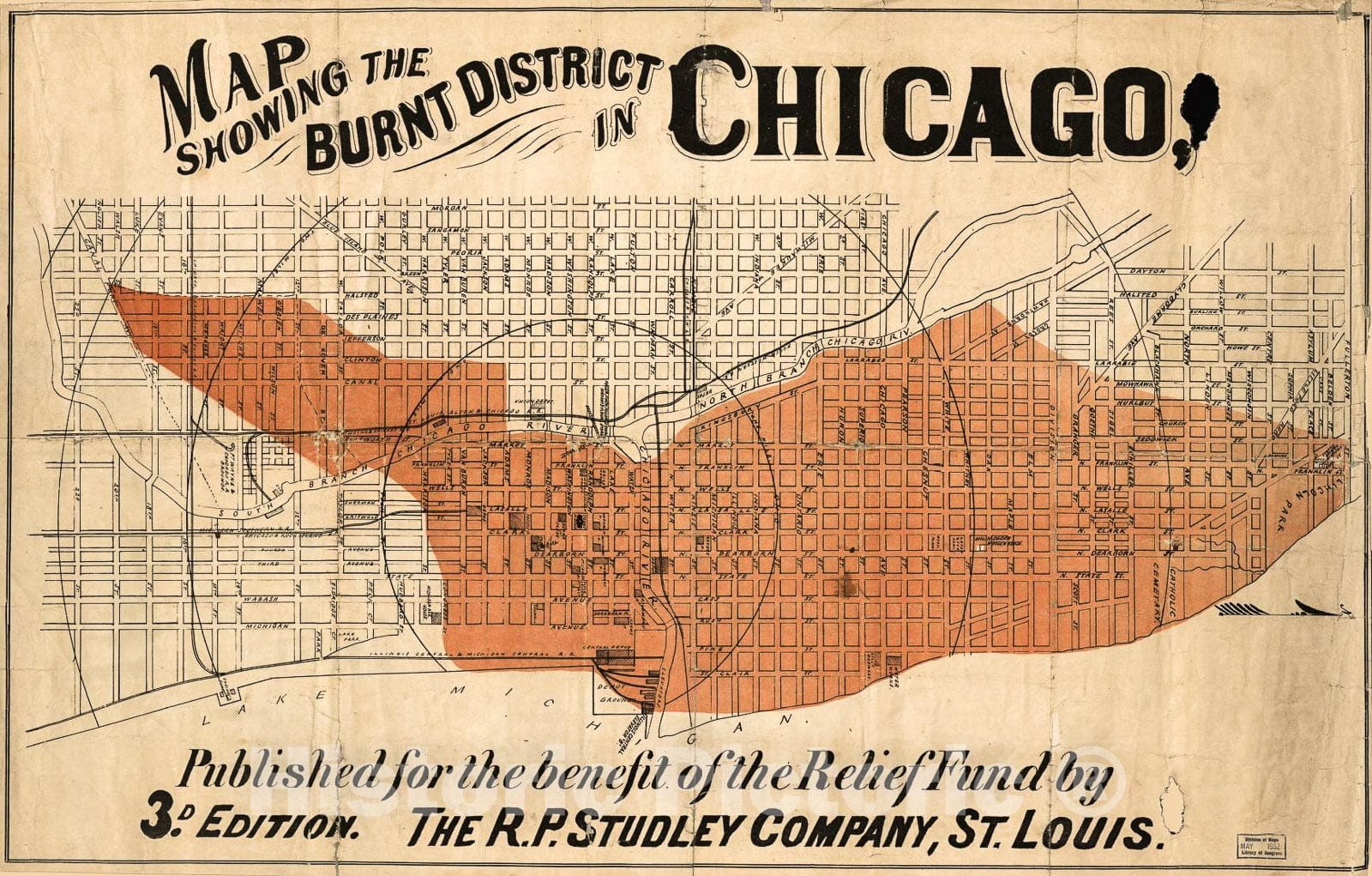 Historic 1870 Map - Map Showing The Burnt District in Chicago : published for The Benefit of The Relief Fund