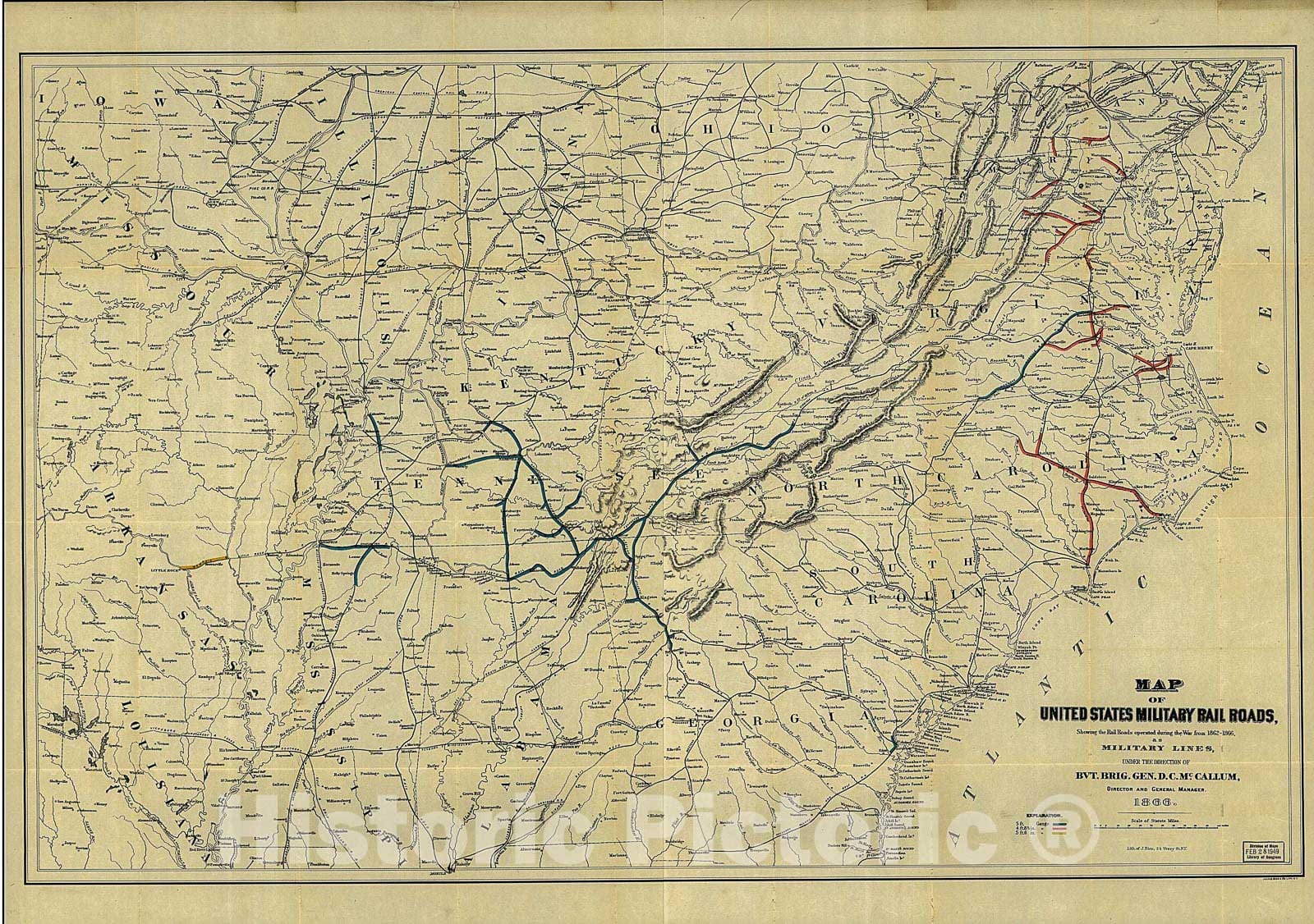 Historic 1866 Map - Map of United States Military Rail Roads, Showing The Rail Roads Operated During The war from 1862-1866, as Military Lines 1