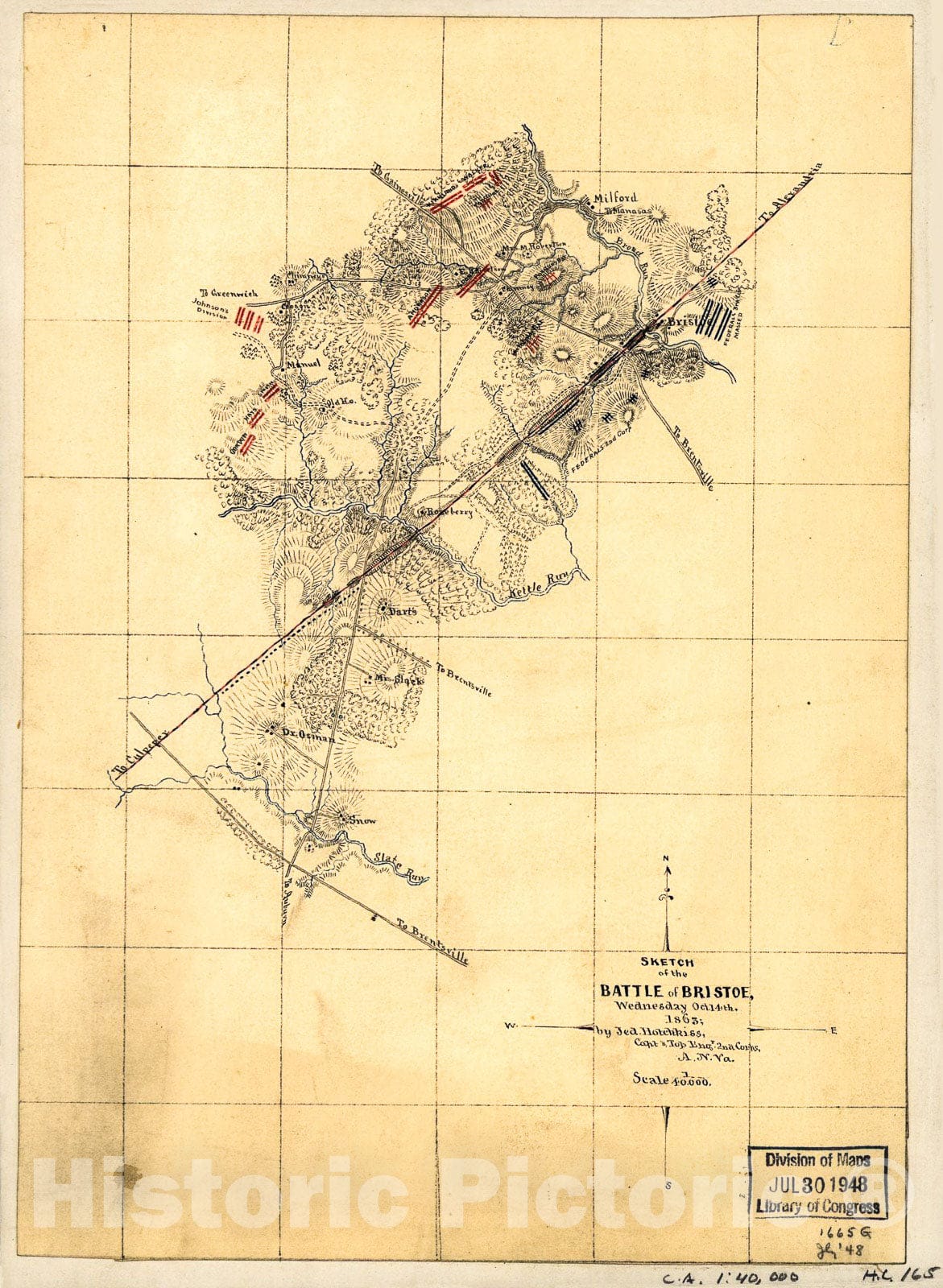 Historic 1863 Map - Sketch of The Battle of Bristoe, Wednesday, Oct. 14, 1863