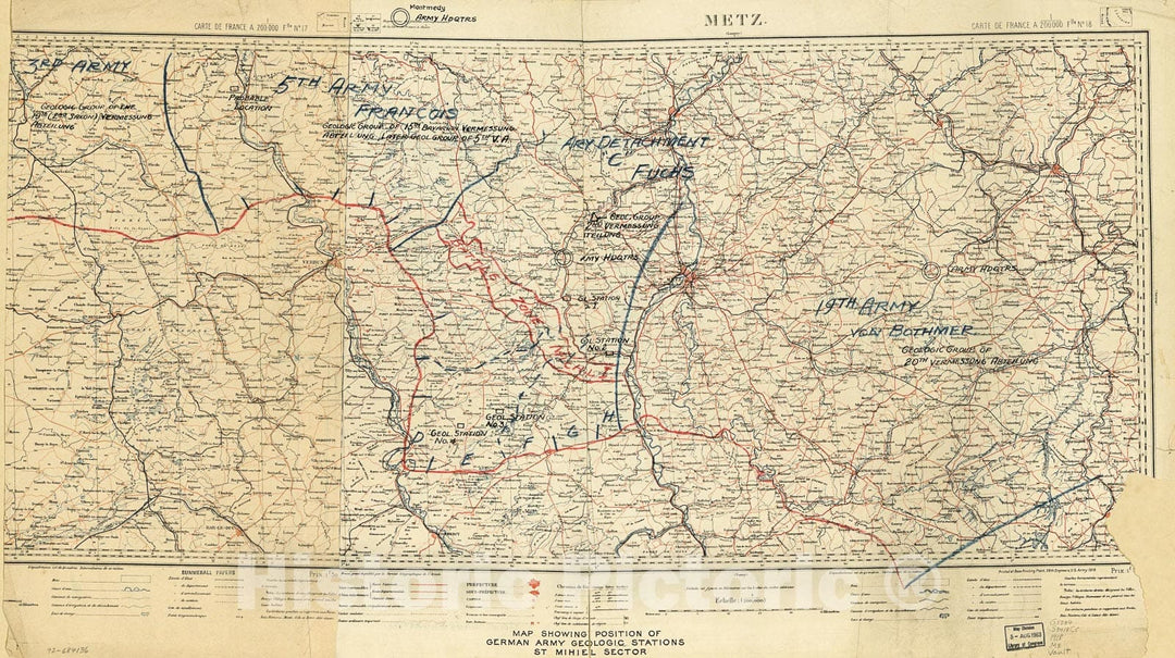 Historic 1918 Map - Map Showing Position of German Army geologic Stations, St. Mihiel Sector.