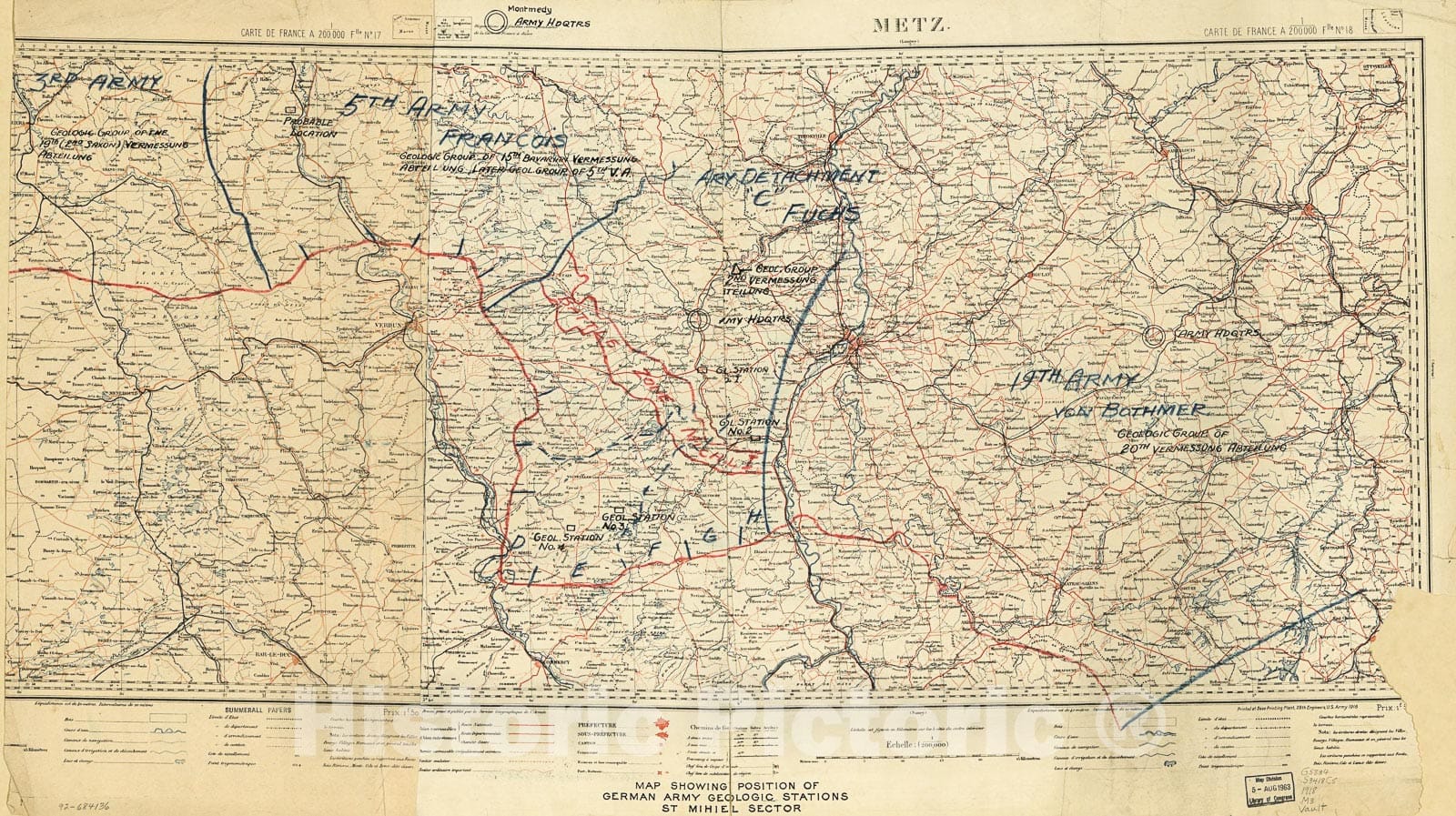 Historic 1918 Map - Map Showing Position of German Army geologic Stations, St. Mihiel Sector.