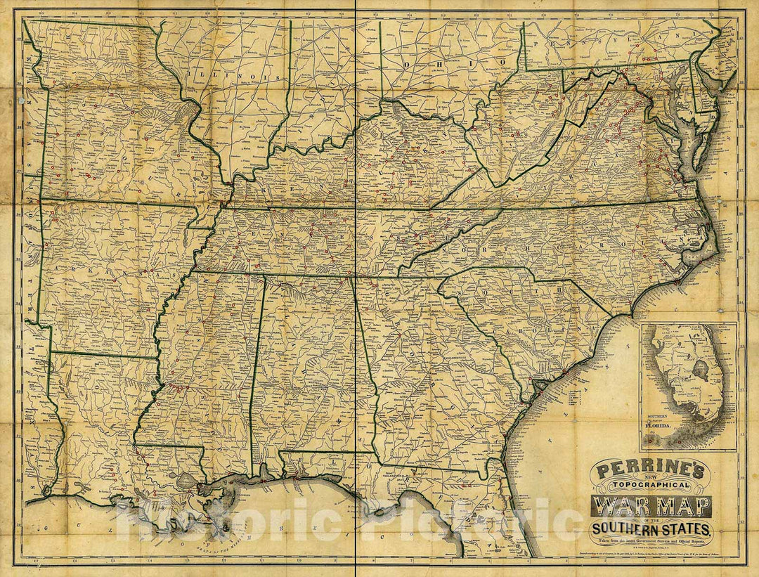 Historic 1863 Map - Perrine's New Topographical war map of The Southern States
