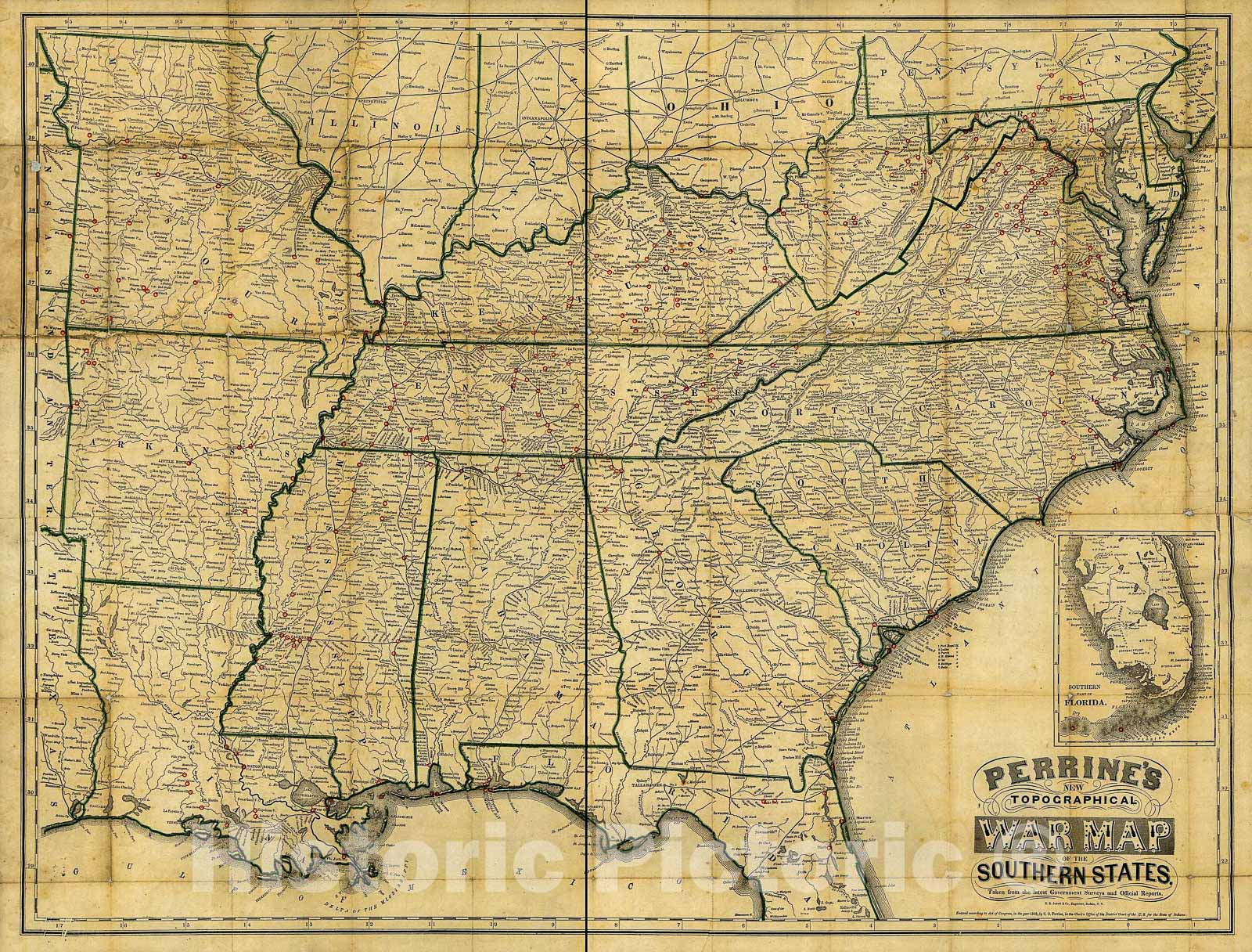Historic 1863 Map - Perrine's New Topographical war map of The Southern States