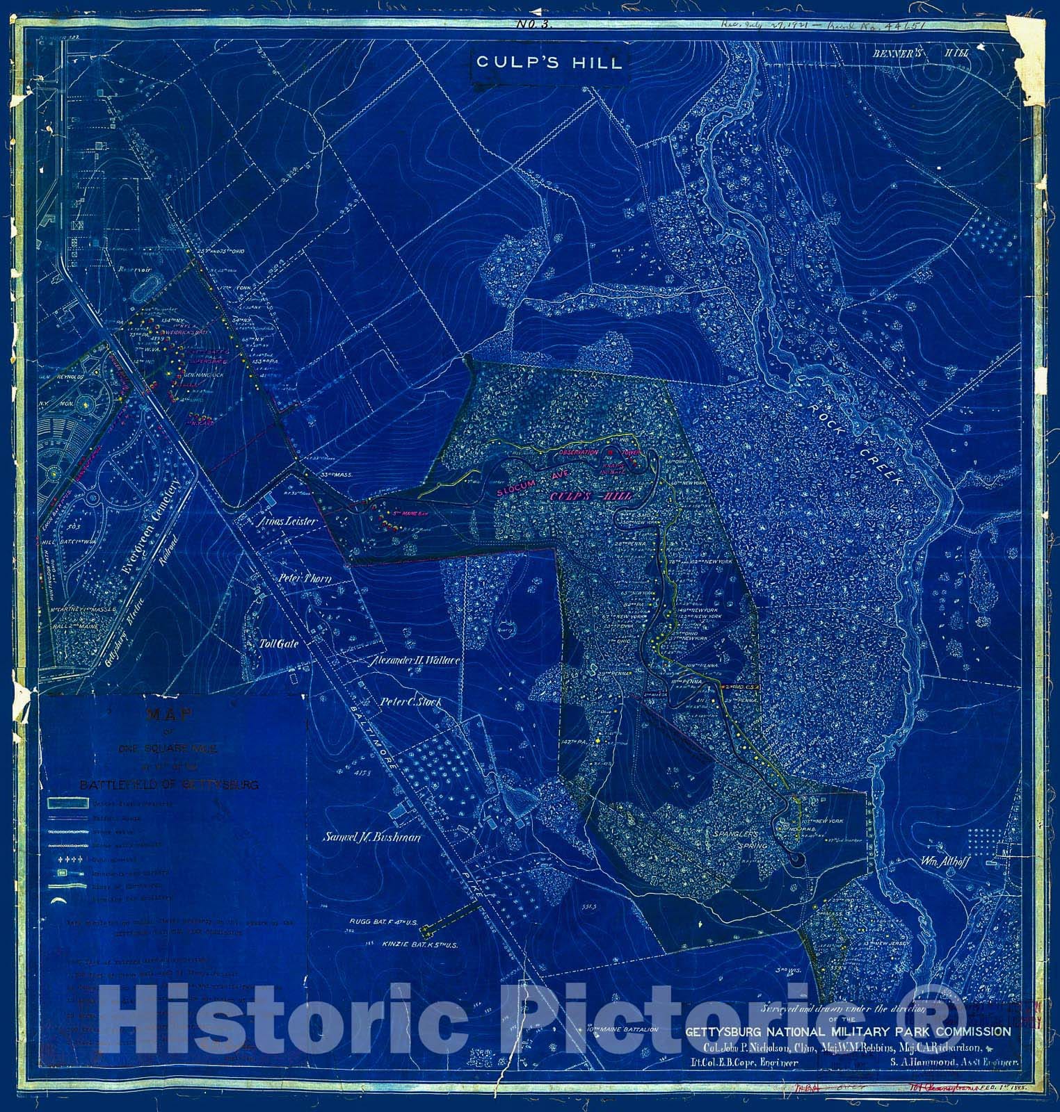 Historic 1898 Map - Map of one Square Mile or 1/25 of The Battlefield of Gettysburg