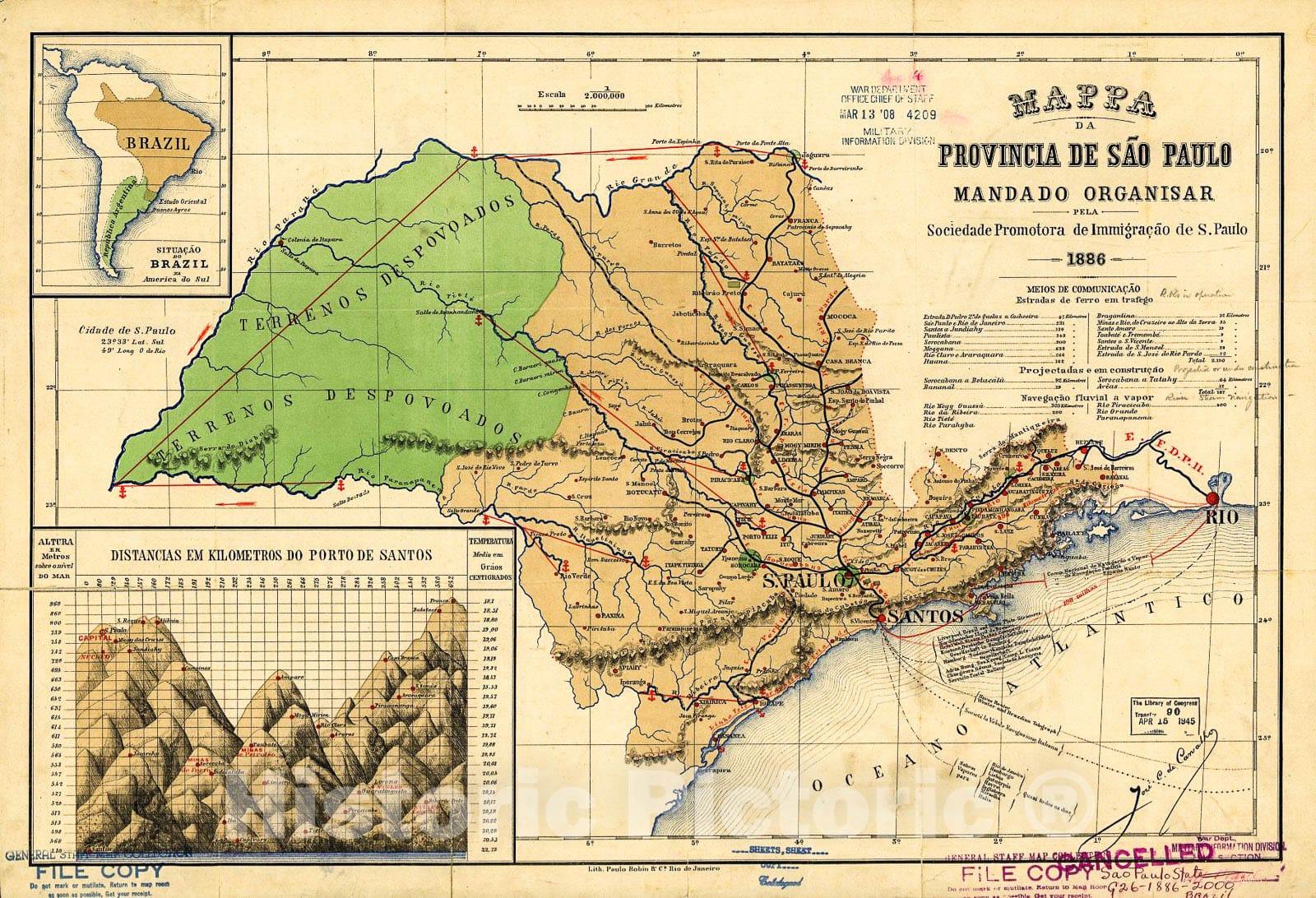 Historic 1886 Map - Mappa da provinica de SÃ£o Paulo