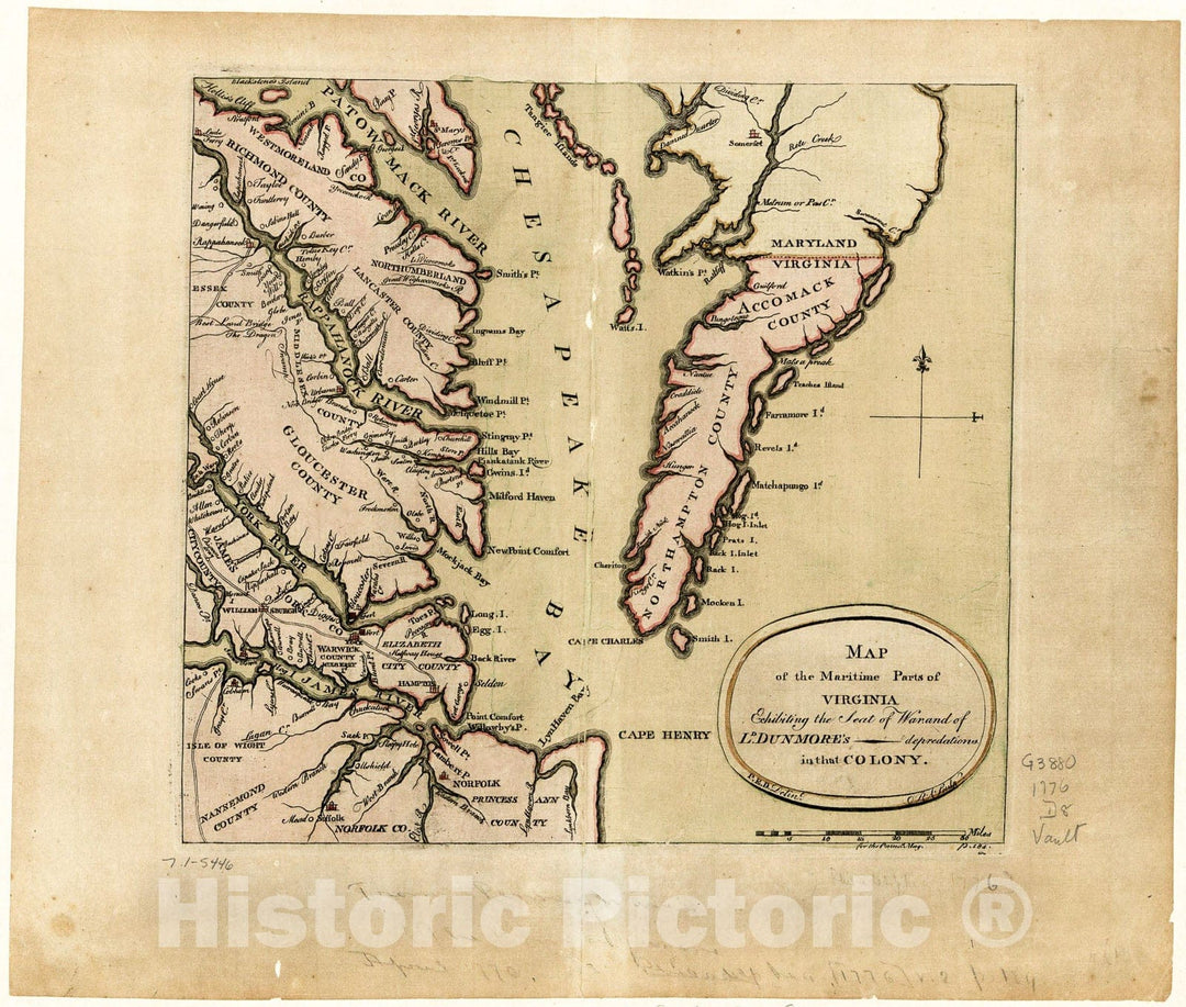 Historic 1776 Map - Map of The Maritime Parts of Virginia exhibiting The seat of war and of Ld. Dunmore's depredations in That Colony.