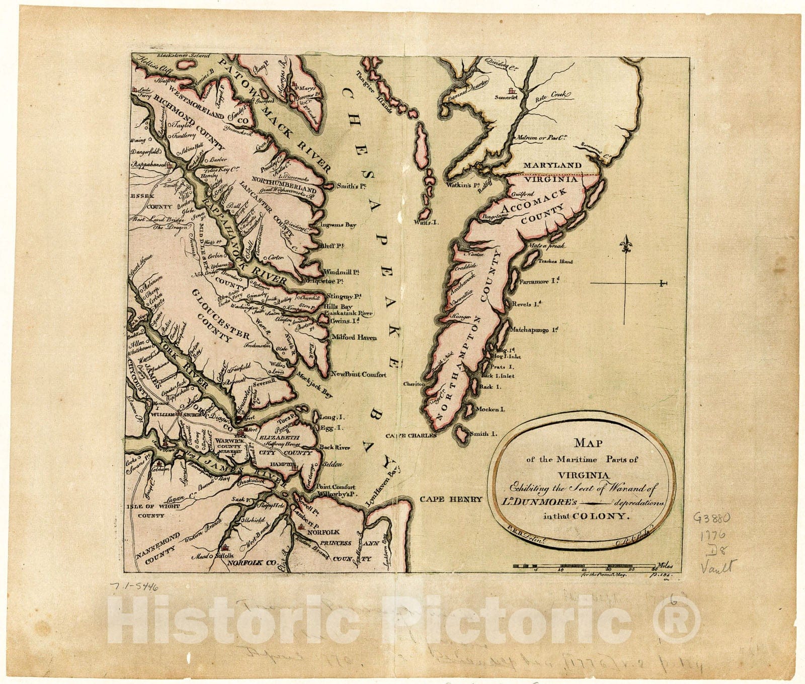 Historic 1776 Map - Map of The Maritime Parts of Virginia exhibiting The seat of war and of Ld. Dunmore's depredations in That Colony.