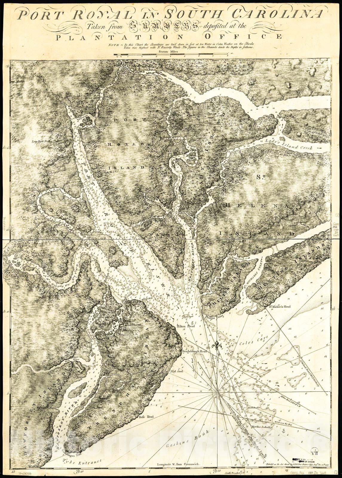 Historic 1777 Map - Port Royal in South Carolina : Taken from surveys deposited at The Plantation Office