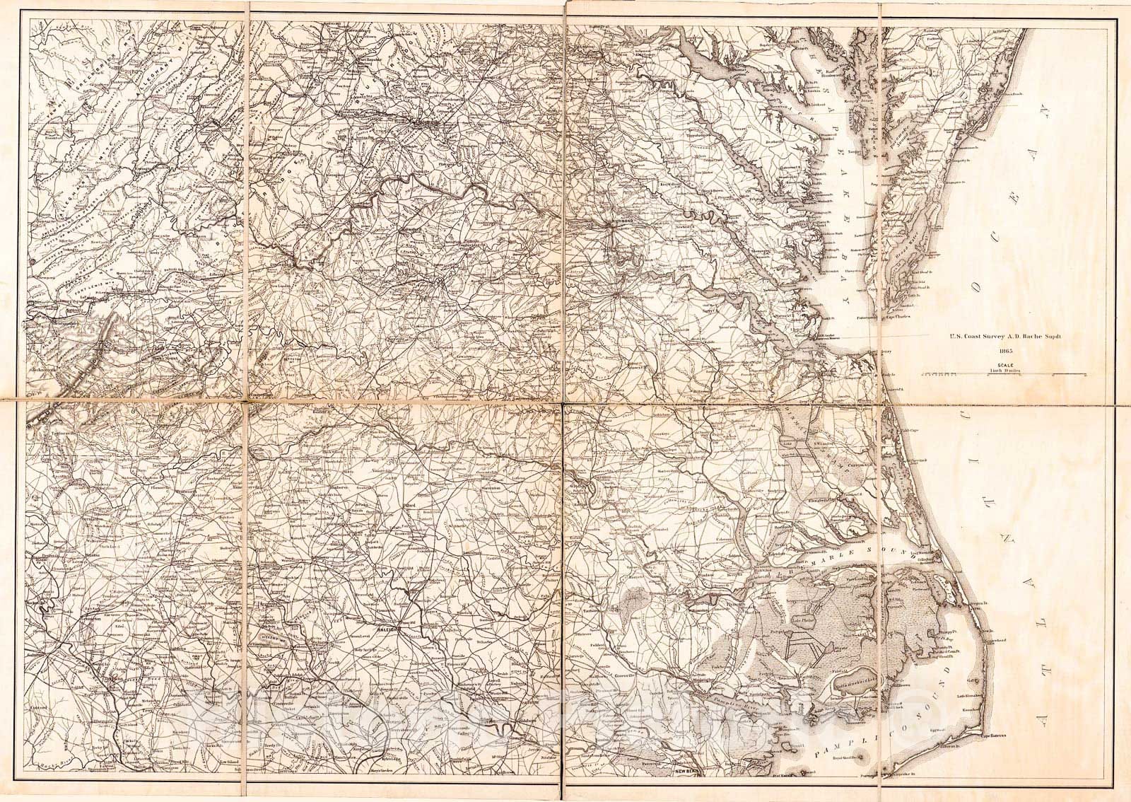 Historic 1865 Map - Map of Virginia and North Carolina from The Coast to The Blue Ridge