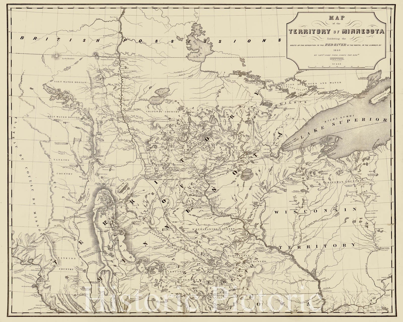 Historic 1849 Map - Map of The Territory of Minnesota exhibiting The Route of The Expedition to The Red River of The North, in The Summer of 1849