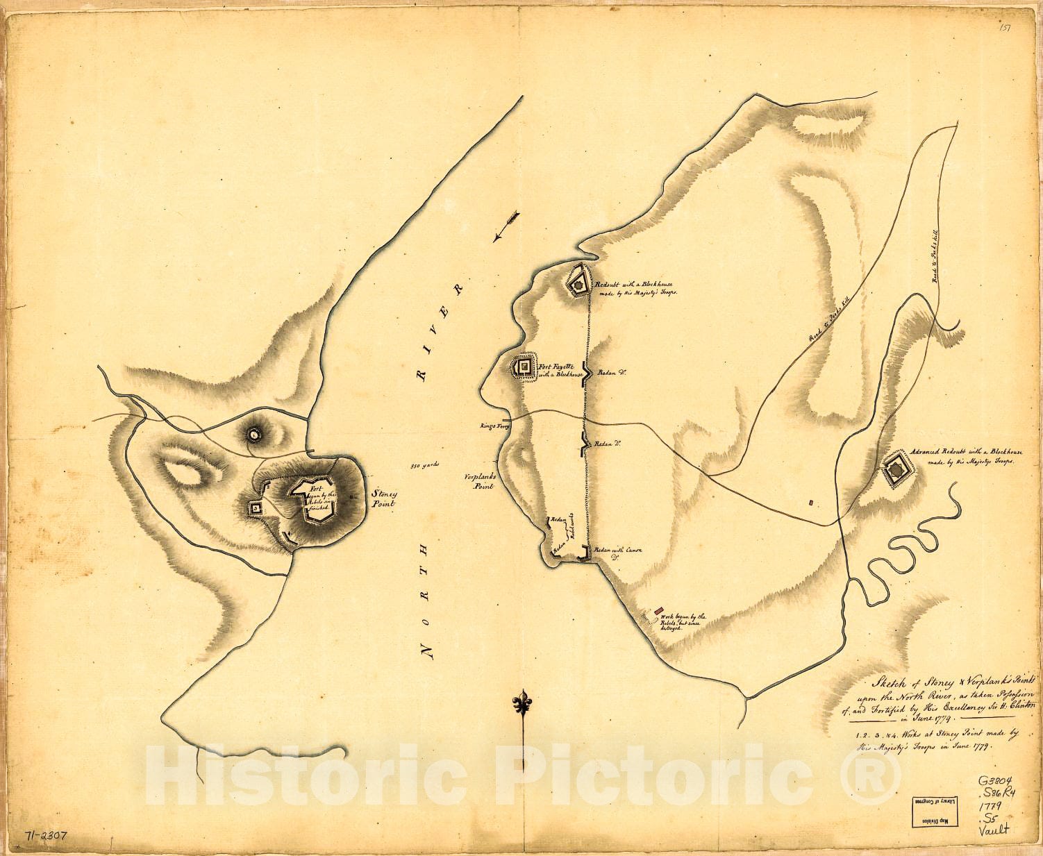 Historic 1779 Map - Sketch of Stoney & Verplank's Points Upon The North River, as Taken Possession of, and Fortified by His Excellency Sir H: Clinton in June 1779.