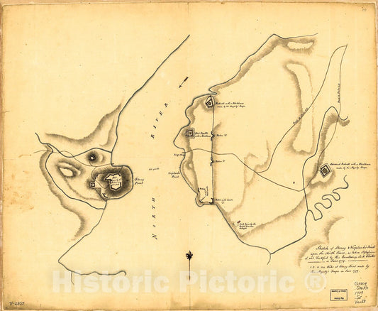 Historic 1779 Map - Sketch of Stoney & Verplank's Points Upon The North River, as Taken Possession of, and Fortified by His Excellency Sir H: Clinton in June 1779.