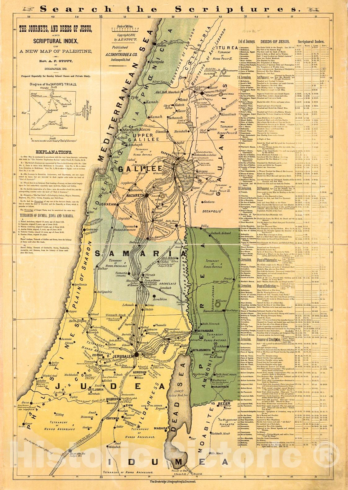Historic 1881 Map - The Journeys, and Deeds of Jesus, and scriptoral Index on a New map of Palestine