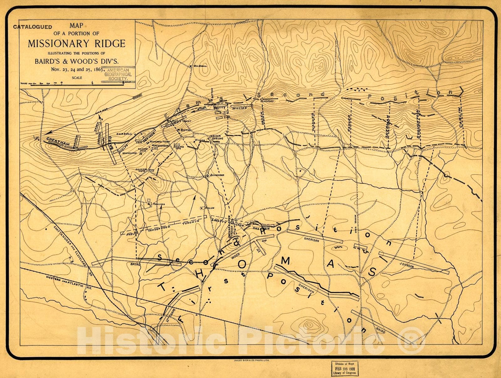 Historic 1800 Map - Map of a Portion of Missionary Ridge, Illustrating The Positions of Baird's & Wood's div's, Nov. 23, 24 and 25, 1863.